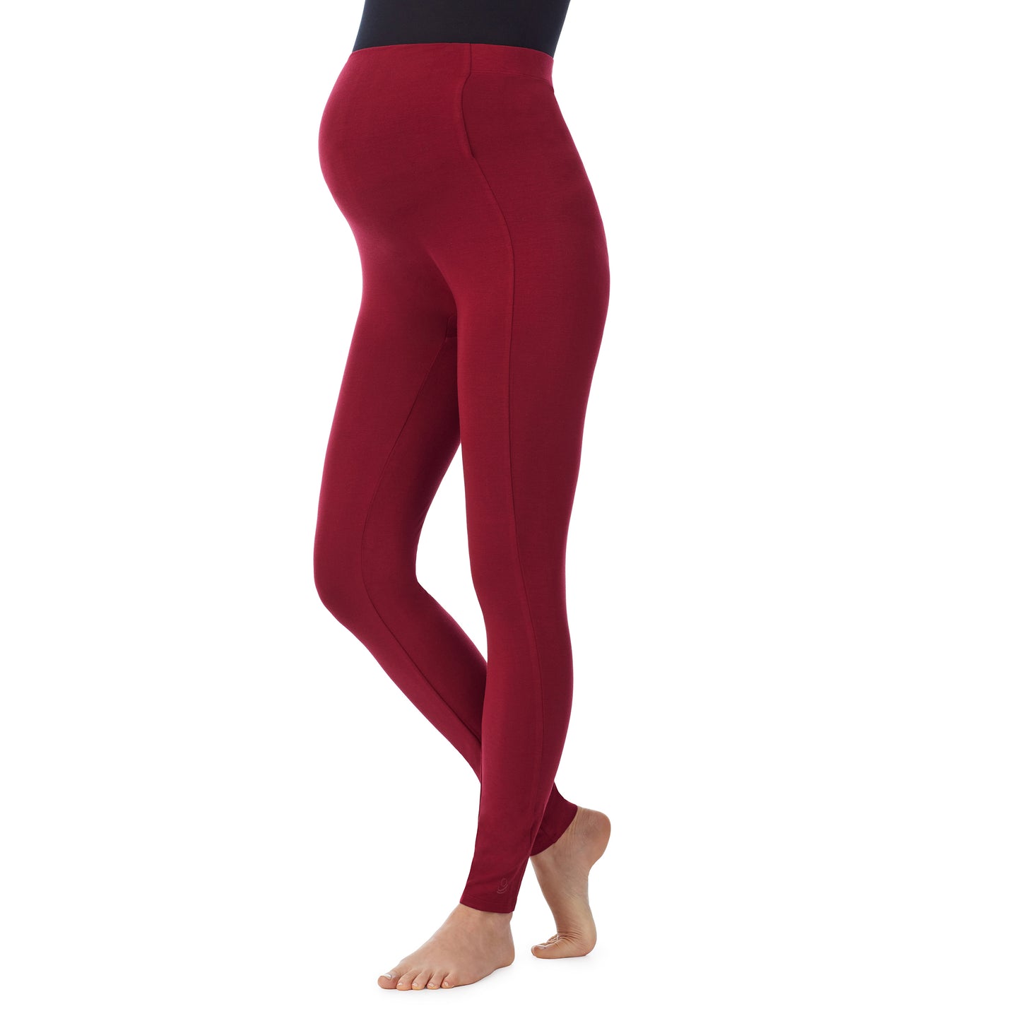 Rhubarb; Model is wearing size S. She is 5’11”, Bust 34”, Waist 25”, Hips 36.5”. @A lady wearing a rhubarb maternity legging. #Model is wearing a maternity bump.