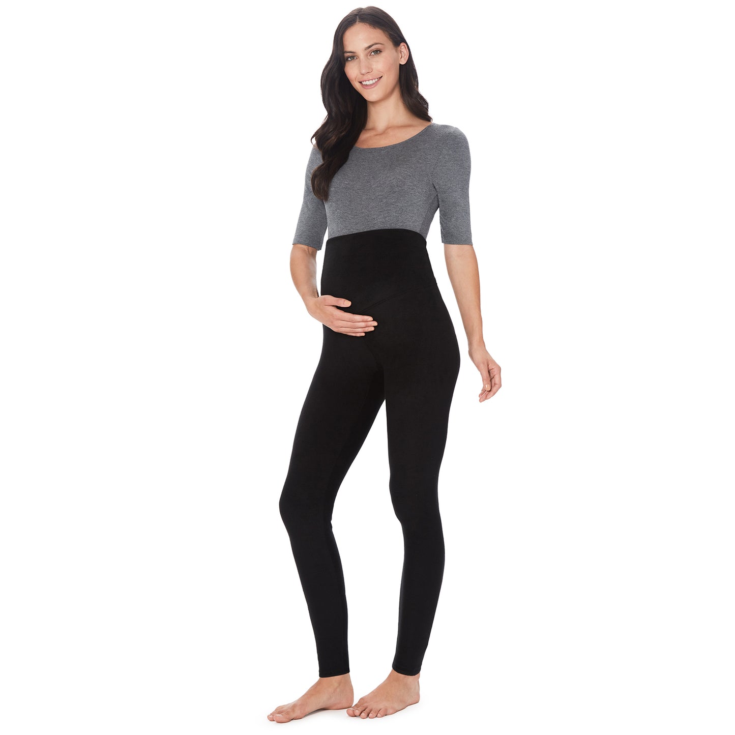 Black; Model is wearing size S. She is 5’9”, Bust 34”, Waist 24.5”, Hips 36.5”.@A lady wearing maternity legging #Model is wearing a black maternity bump.