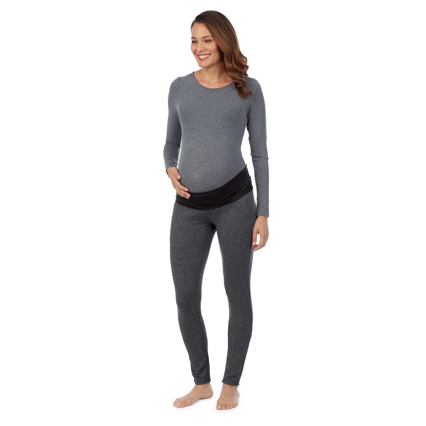 Charcoal Heather; Model is wearing a size S. She is 5’10”, Bust 34”, Waist 26”, Hips 36”. @A lady wearing a charcoal heather legging. #Model is wearing a maternity bump.