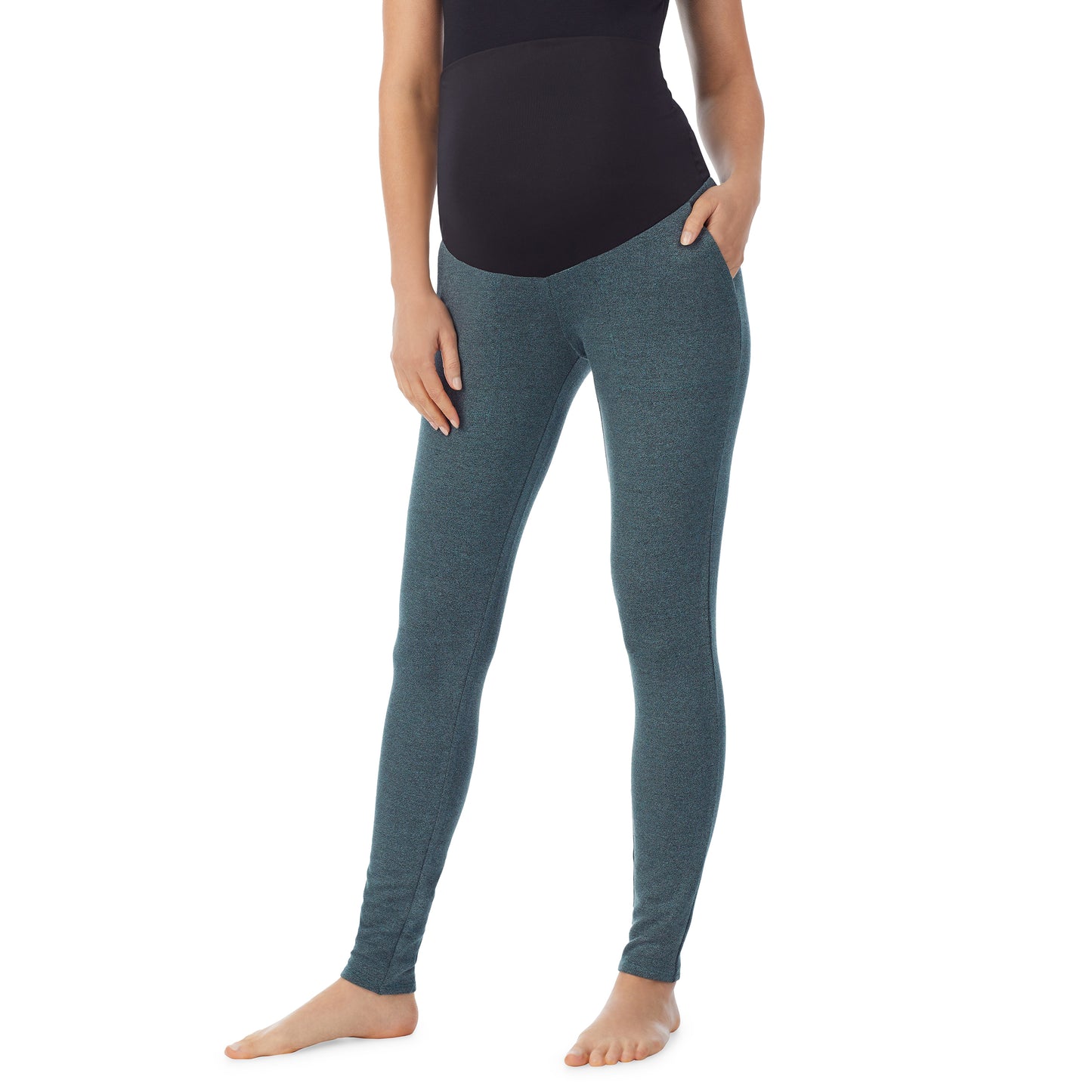 Cloud Blue Heather; Model is wearing a size S. She is 5’10”, Bust 34”, Waist 26”, Hips 36”. @A lady wearing a cloud blue heather legging. #Model is wearing a maternity bump.