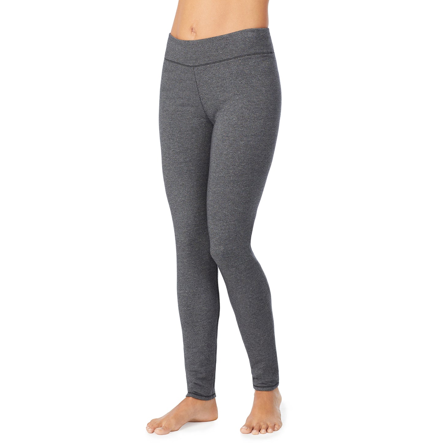 Charcoal Heather; Model is wearing size S. She is 5’9”, Bust 32”, Waist 25”, Hips 35”. @A lady wearing a charcoal heather legging.