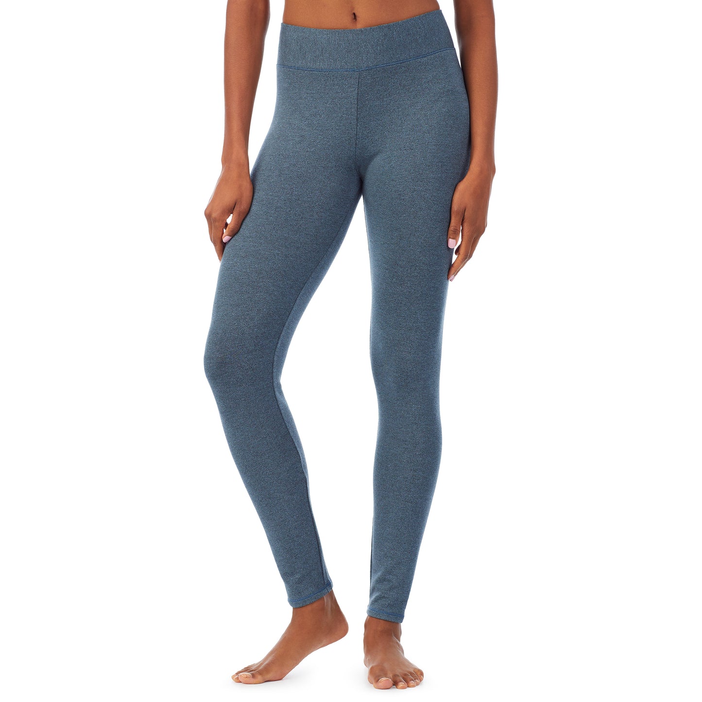 Cloud Blue Heather; Model is wearing size S. She is 5’9”, Bust 32”, Waist 25”, Hips 35”. @A lady wearing a cloud blue heather legging.