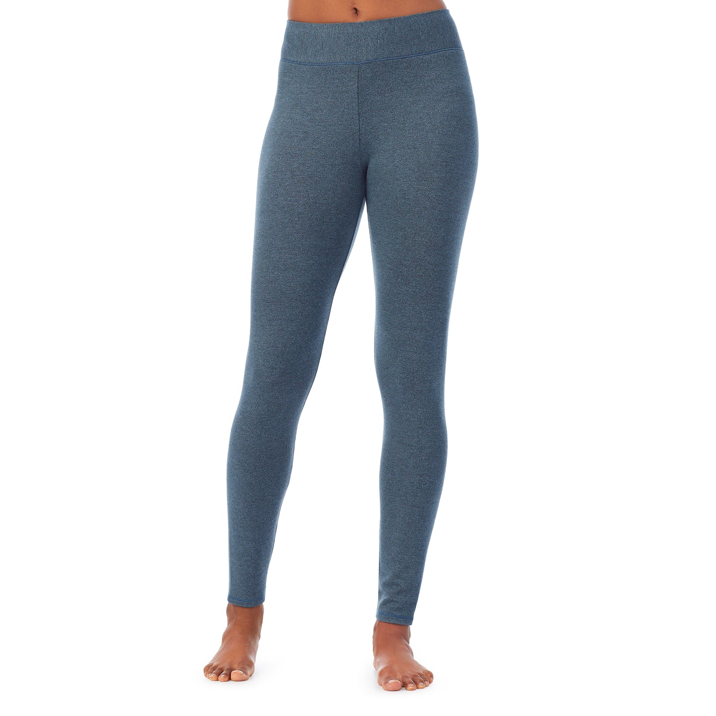 Cloud Blue Heather; Model is wearing size S. She is 5’9”, Bust 32”, Waist 25”, Hips 35”. @A lady wearing a cloud blue heather legging.