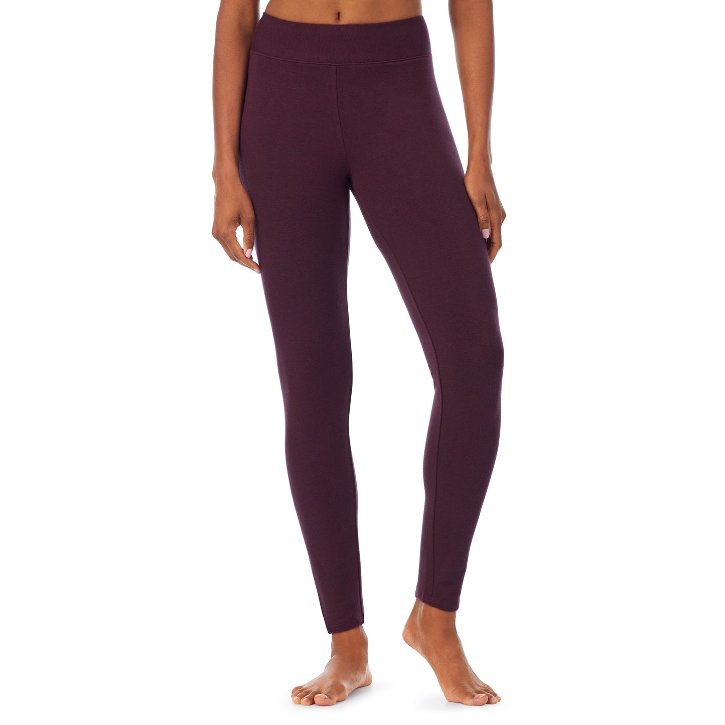 Grape Heather; Model is wearing size S. She is 5’9”, Bust 32”, Waist 25”, Hips 35”. @A lady wearing a grape heather legging.