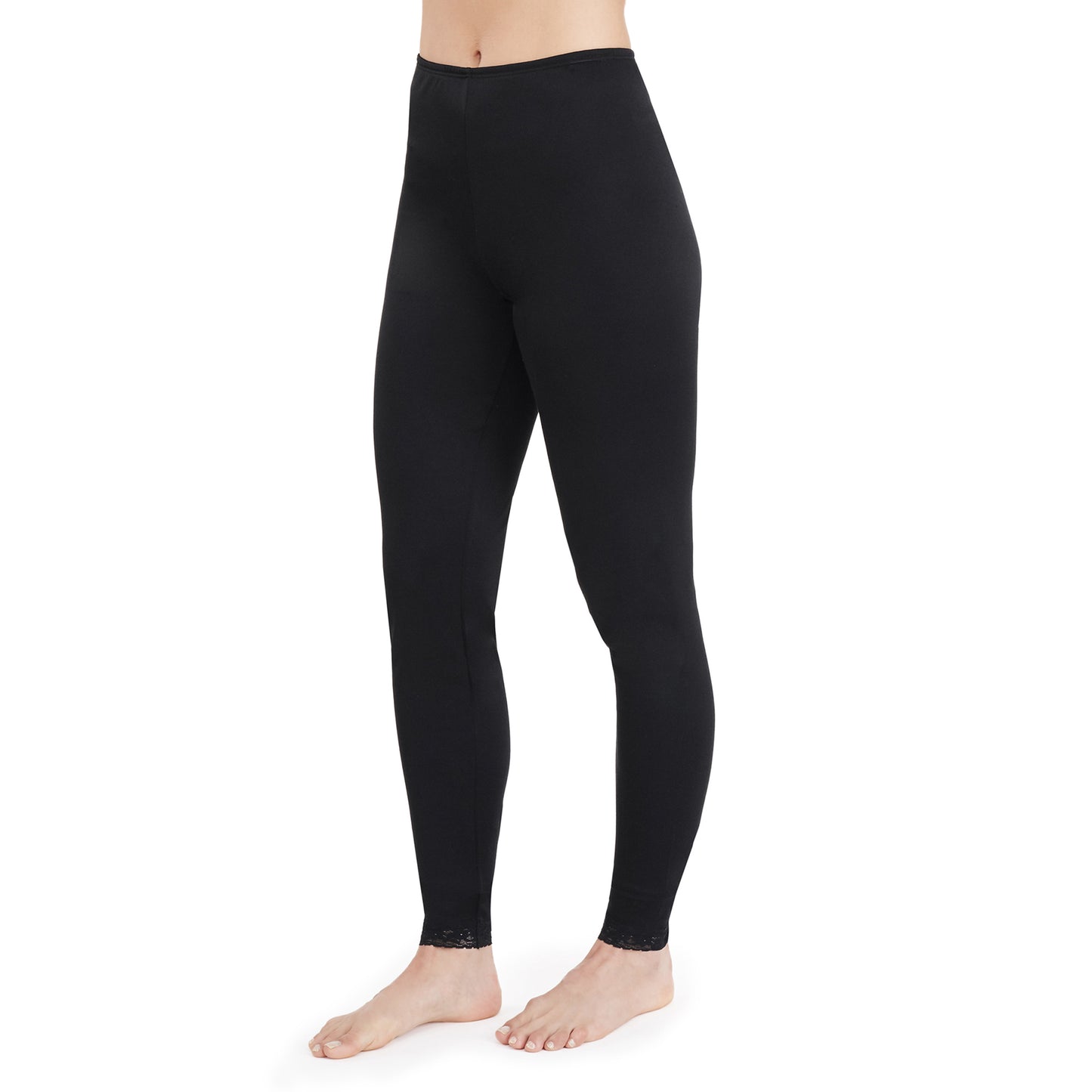 Black; Model is wearing size S. She is 5’9”, Bust 32”, Waist 25.5”, Hips 36”. @A lady wearing a black lace edge legging.
