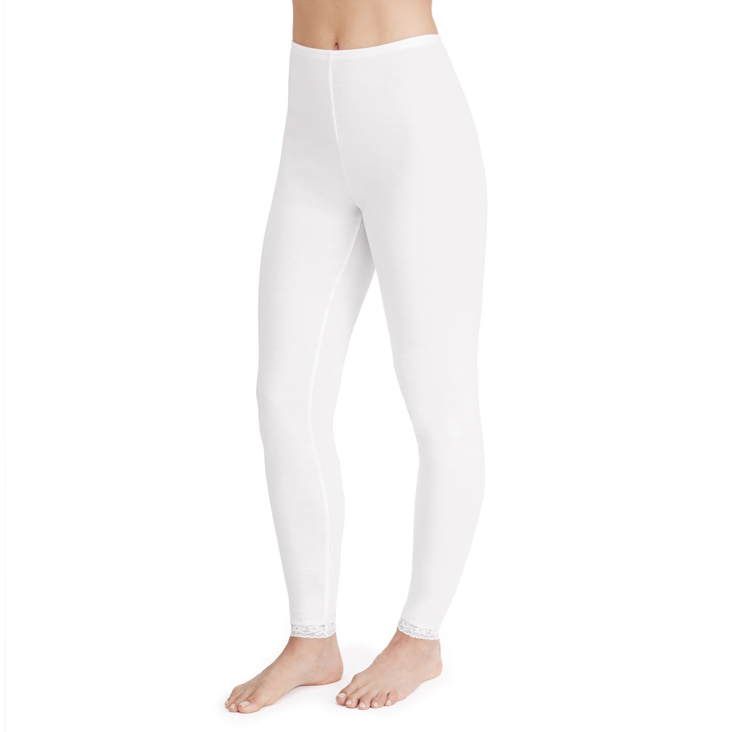 White; Model is wearing size S. She is 5’9”, Bust 32”, Waist 25.5”, Hips 36”. @A lady wearing a white lace edge legging.