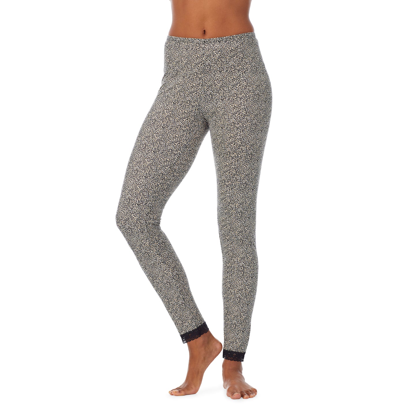 Cheetah; Model is wearing size S. She is 5’9”, Bust 32”, Waist 25.5”, Hips 36”. @A lady wearing a cheetah lace edge legging.