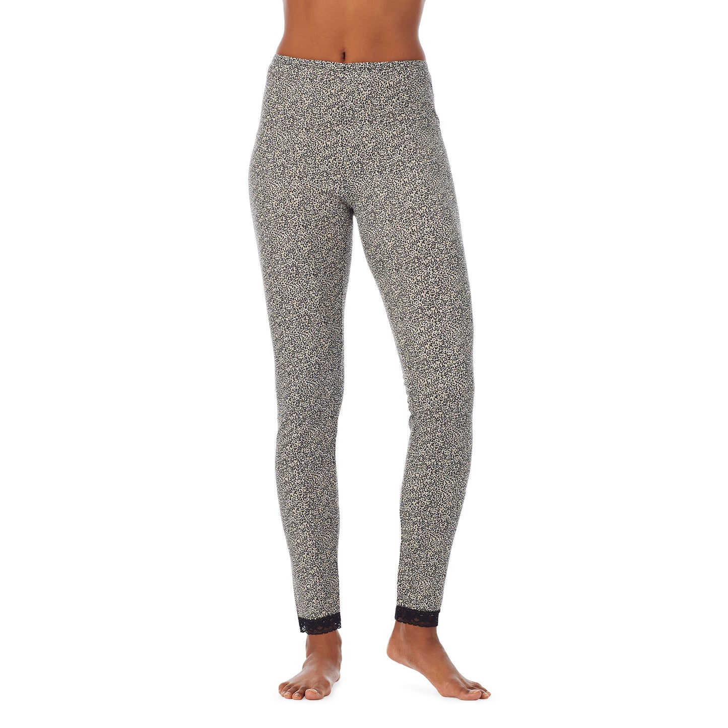Cheetah; Model is wearing size S. She is 5’9”, Bust 32”, Waist 25.5”, Hips 36”. @A lady wearing a cheetah lace edge legging.