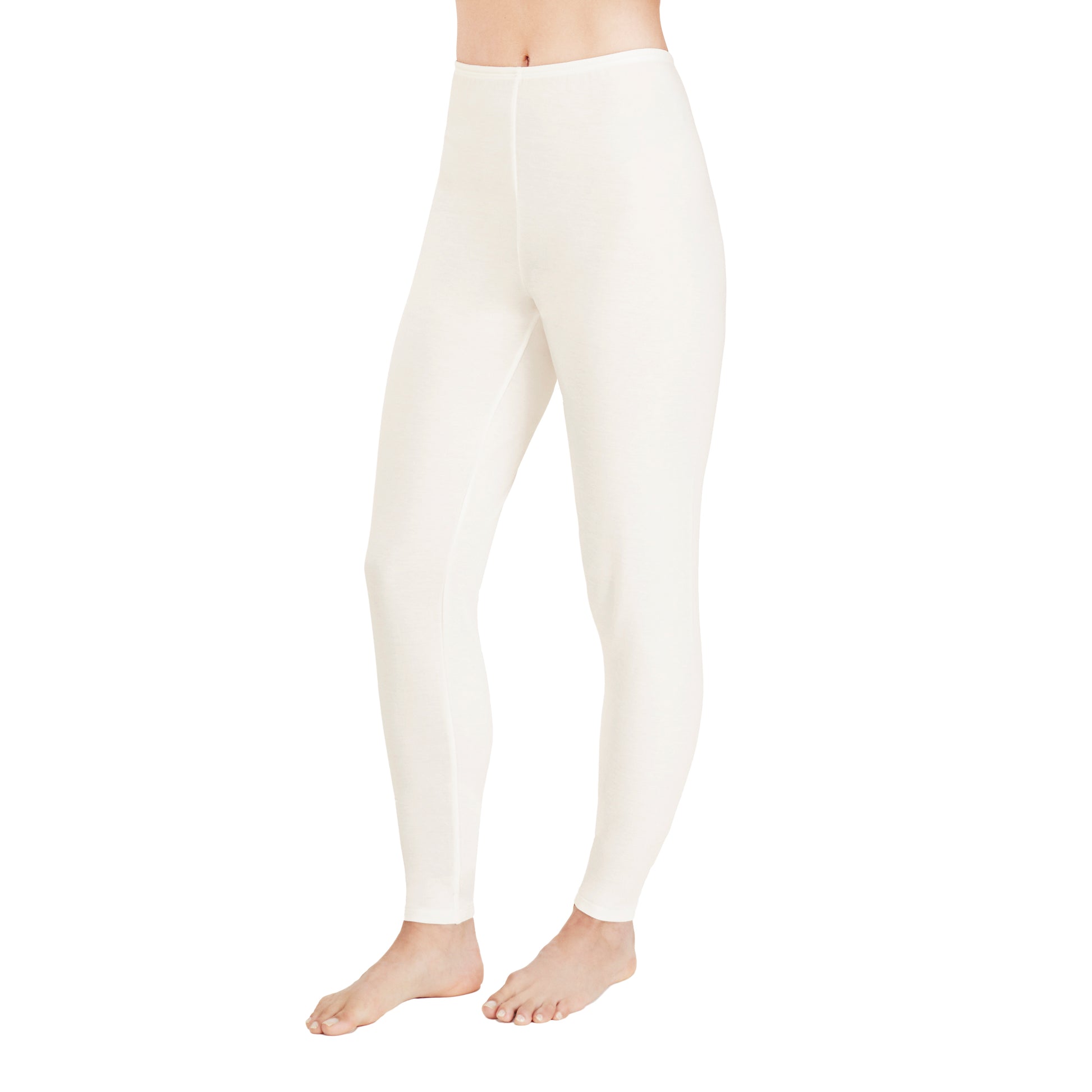 A lady wearing  a ivory legging.