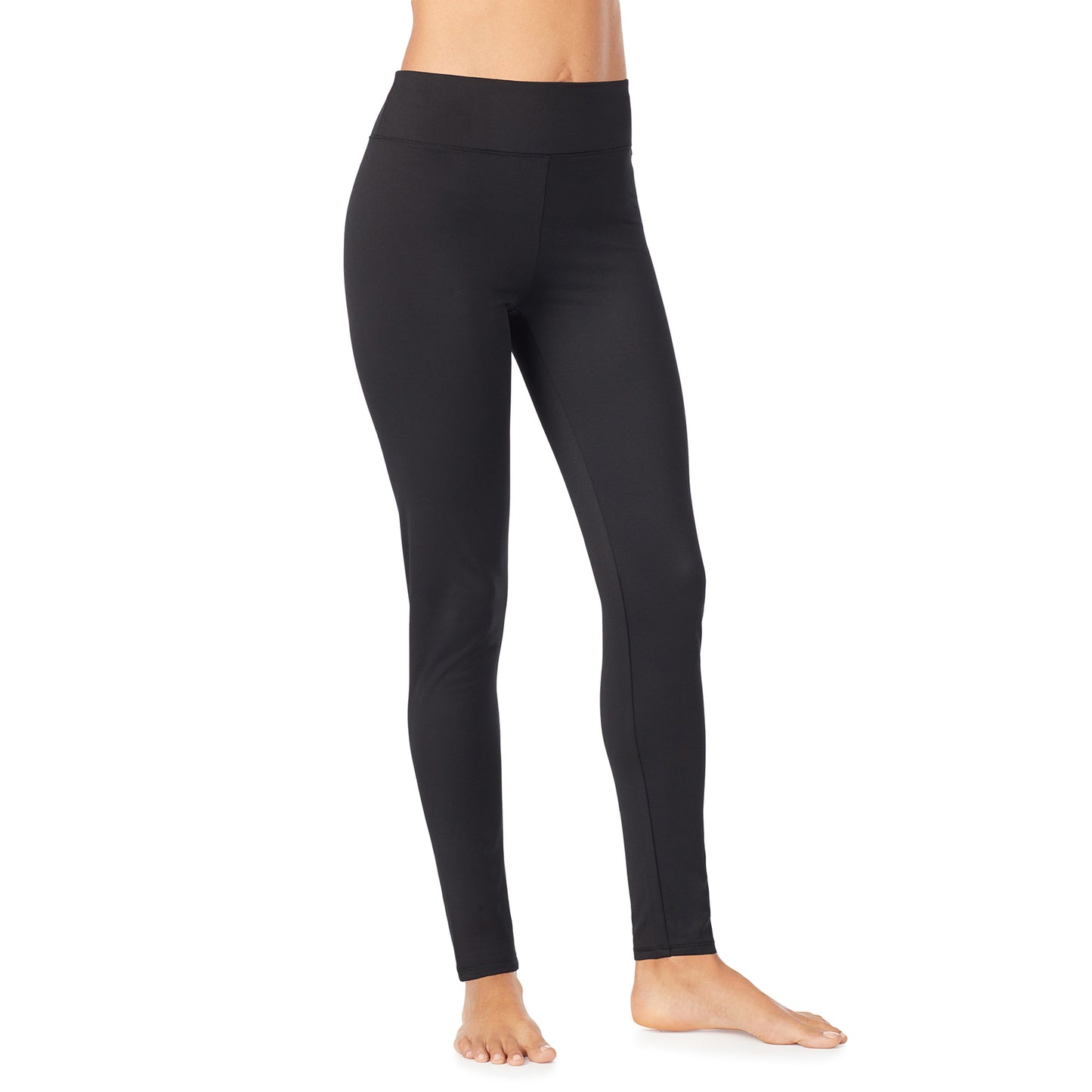 Black; Model is wearing size S. She is 5’9”, Bust 32”, Waist 25”, Hips 35”. @A lady wearing a black high-waisted legging.