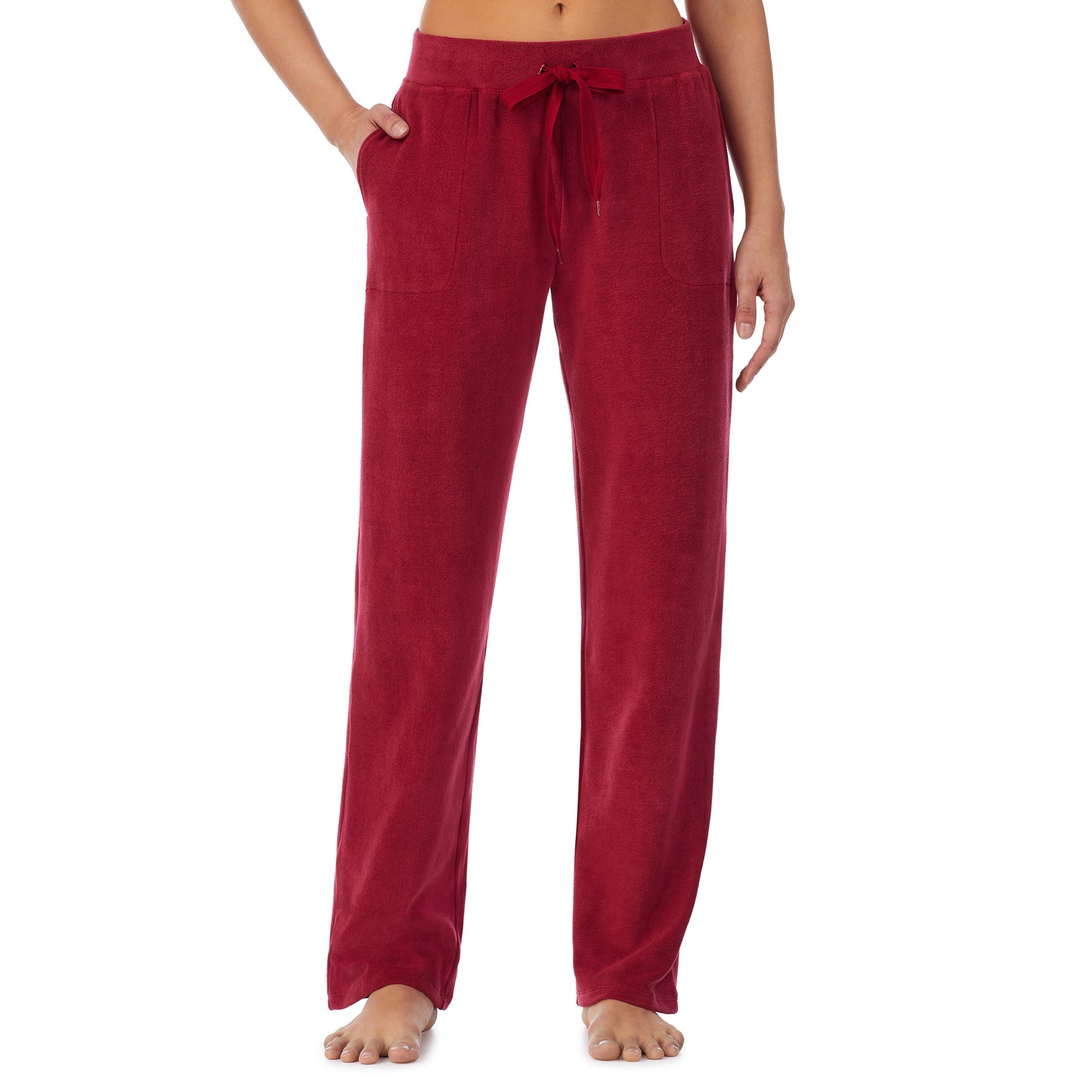 Rhubarb; Model is wearing size S. She is 5’9”, Bust 32”, Waist 25.5”, Hips 36”.@lower body of a lady wearing red lounge pant