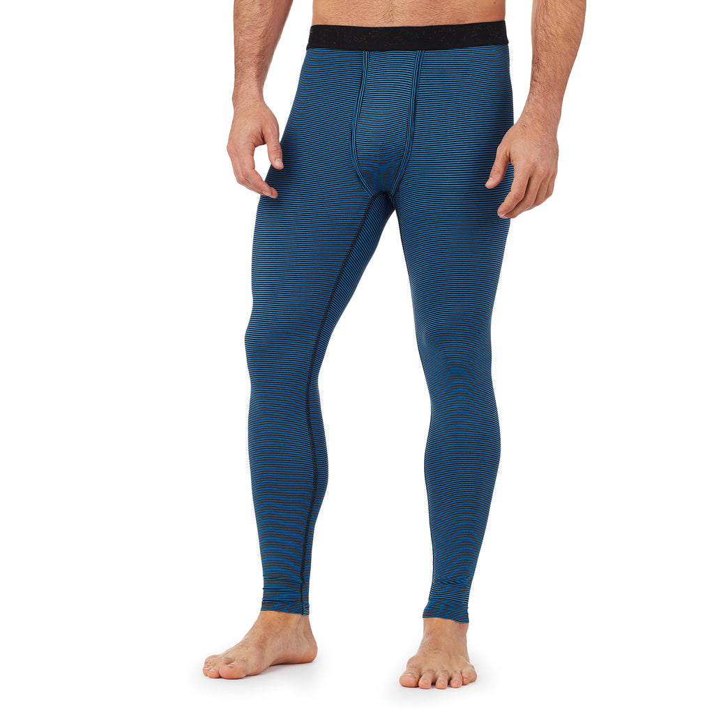 Lower body of a man wearing black and blue stripe climatesport pants !88% Polyester, 12% Spandex!