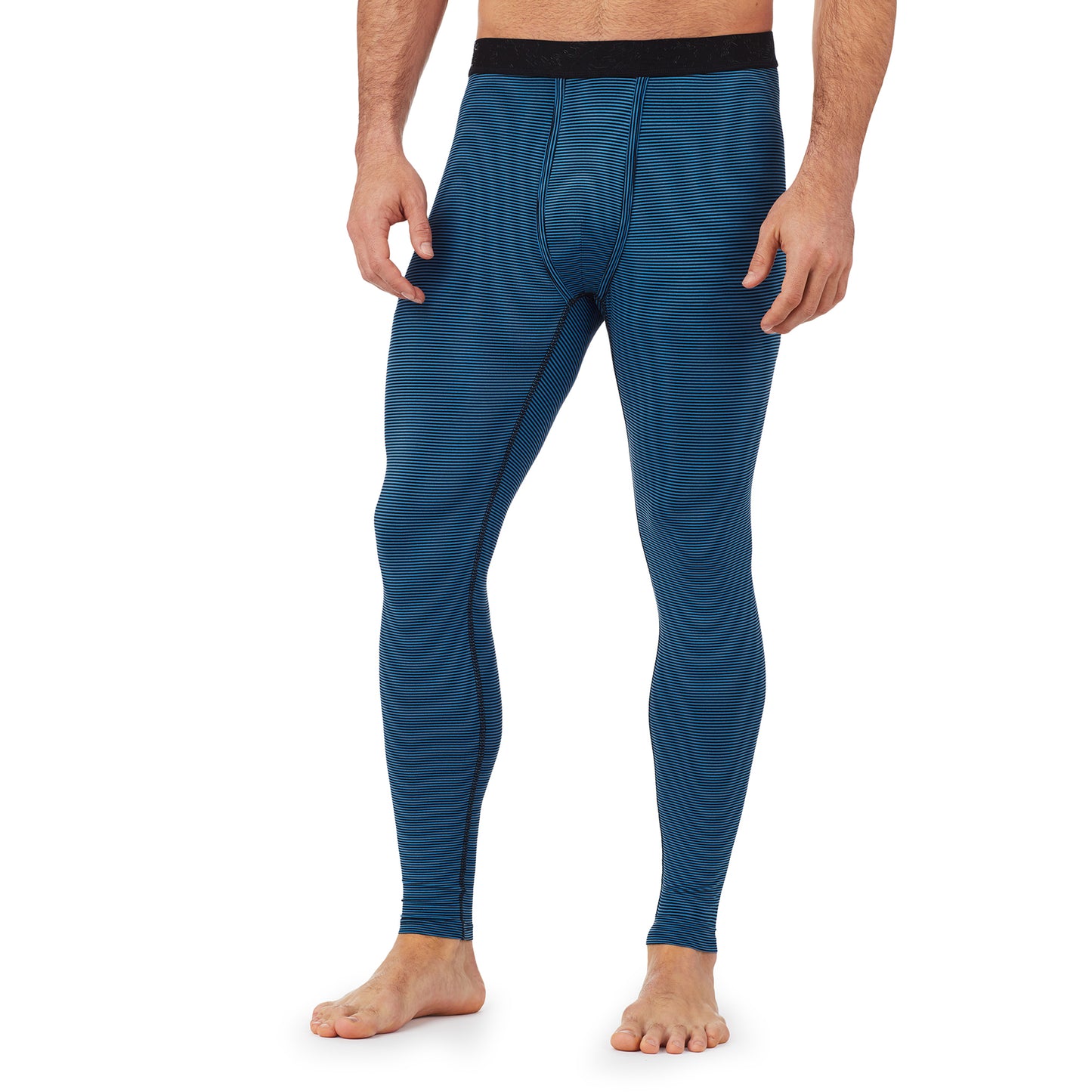 Black Blue Stripe; Model is wearing size M. He is 6'1", Waist 31", Inseam 33".@Lower body of a man wearing black and blue stripe pants