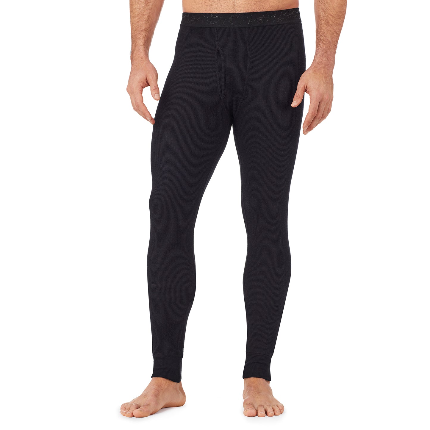 Black; Model is wearing size M. He is 6'1", Waist 31", Inseam 33". @A man wearing a black waffle thermal pant big & tall..
