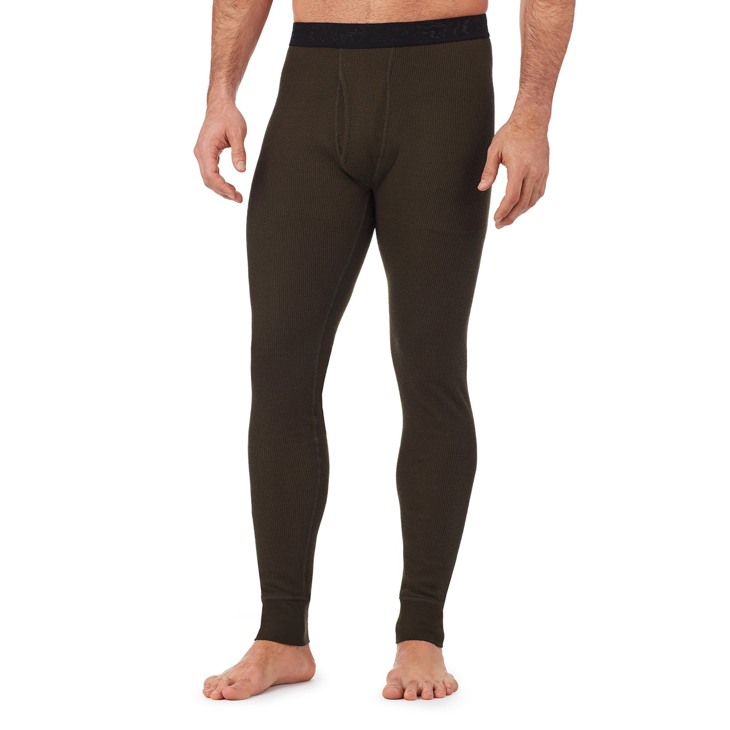 Olive Green; Model is wearing size M. He is 6'1", Waist 31", Inseam 33". @A man wearing a olive green waffle thermal pant big & tall..