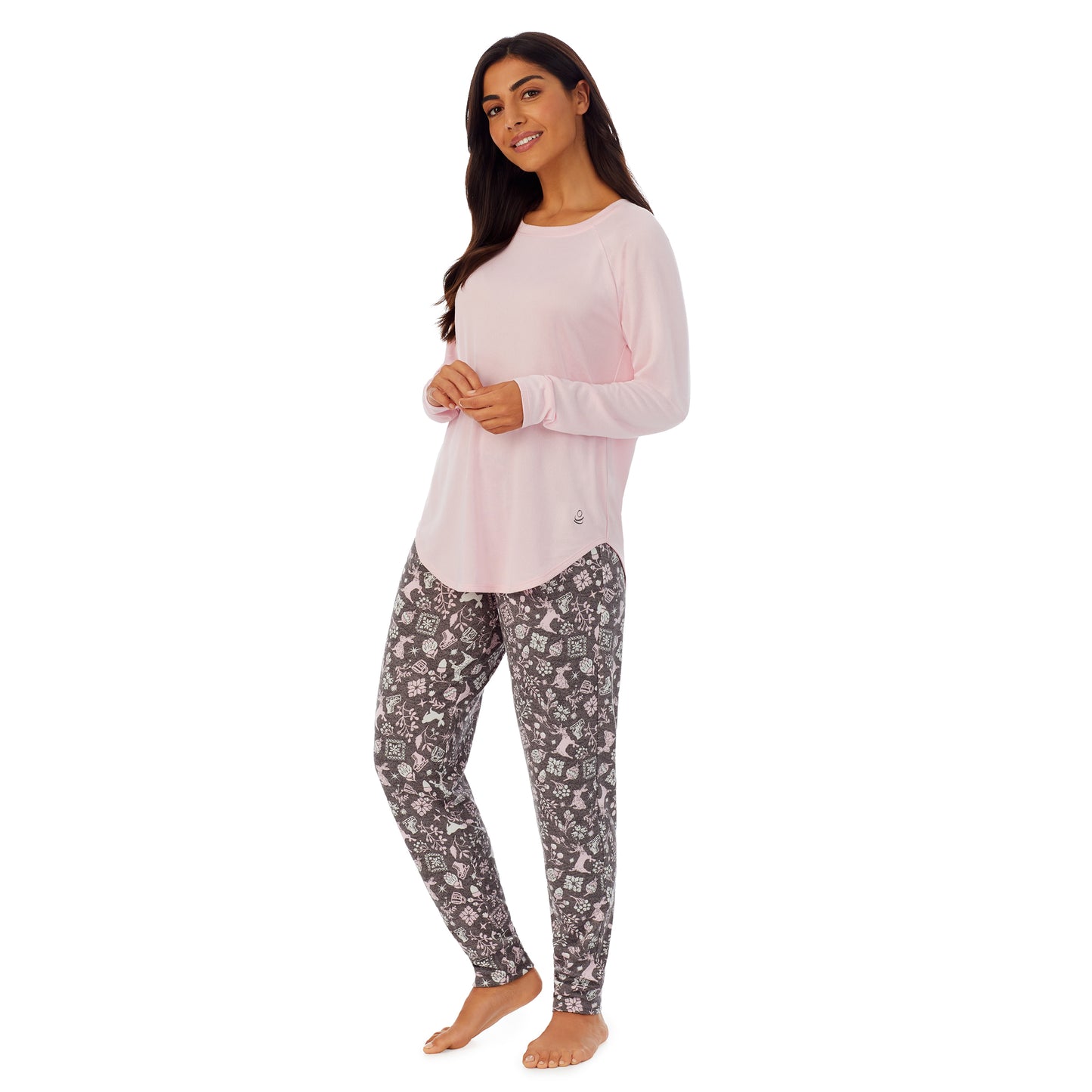 Grey Nordic; Model is wearing size S. She is 5’7”, Bust 32”, Waist 25”, Hips 35”.@A lady wearing pink long sleeve top and grey pajama set