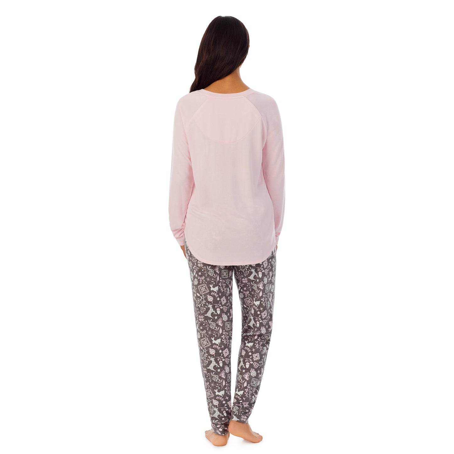 Grey Nordic; Model is wearing size S. She is 5’7”, Bust 32”, Waist 25”, Hips 35”.@A lady wearing pink long sleeve top and grey pajama set