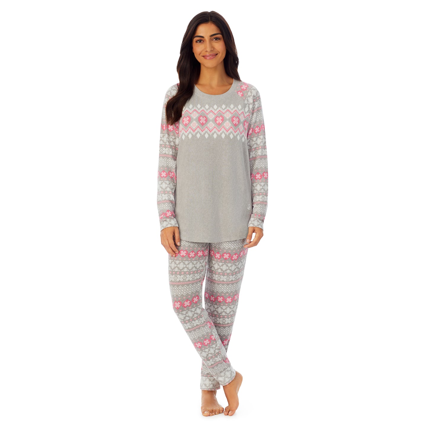 Grey Fairisle; Model is wearing size S. She is 5’7”, Bust 32”, Waist 25”, Hips 35”.@A lady wearing grey long sleeve pajama set with white and pink print