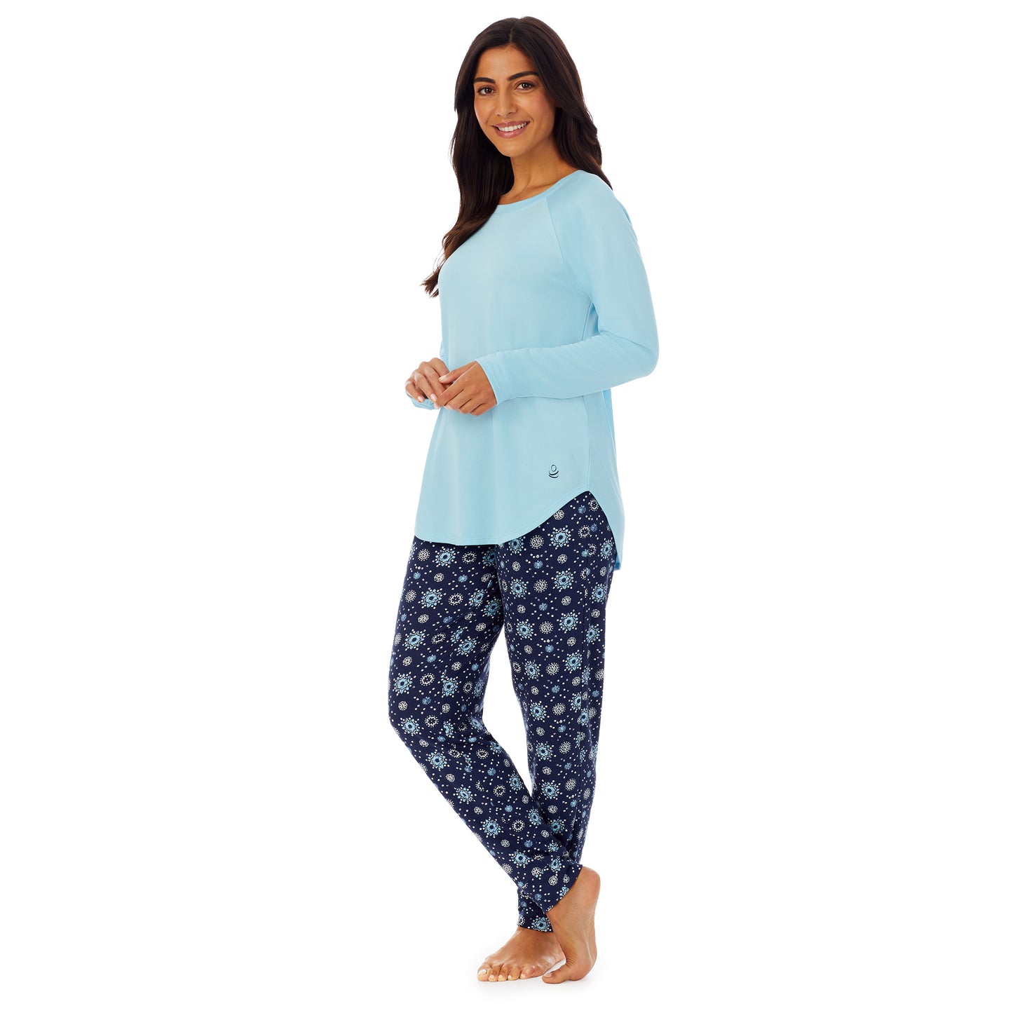 Navy Distressed Geo; Model is wearing size S. She is 5’7”, Bust 32”, Waist 25”, Hips 35”.@A lady wearing Blue long sleeve top and dark blue pajama set with white and blue print