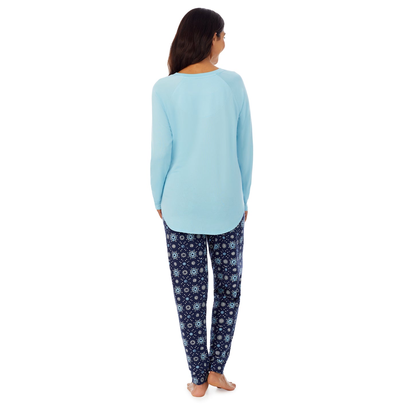 Navy Distressed Geo; Model is wearing size S. She is 5’7”, Bust 32”, Waist 25”, Hips 35”.@A lady wearing Blue long sleeve top and dark blue pajama set with white and blue print