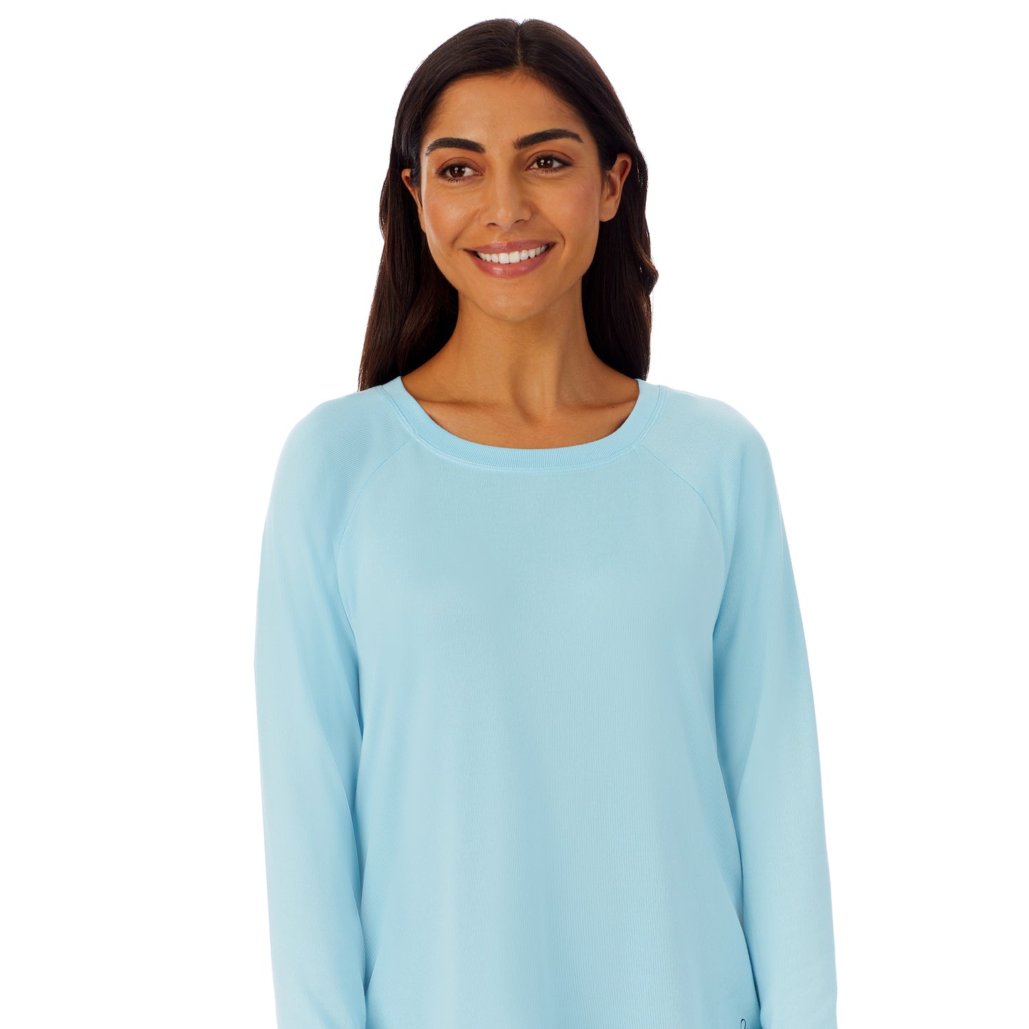 Navy Distressed Geo; Model is wearing size S. She is 5’7”, Bust 32”, Waist 25”, Hips 35”.@Upper body of a lady wearing Blue long sleeve top and dark blue pajama set with white and blue print