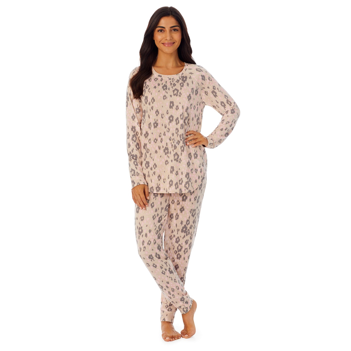 Leopard Animal; Model is wearing size S. She is 5’7”, Bust 32”, Waist 25”, Hips 35”.@A lady wearing long sleeve pajama set with animal print