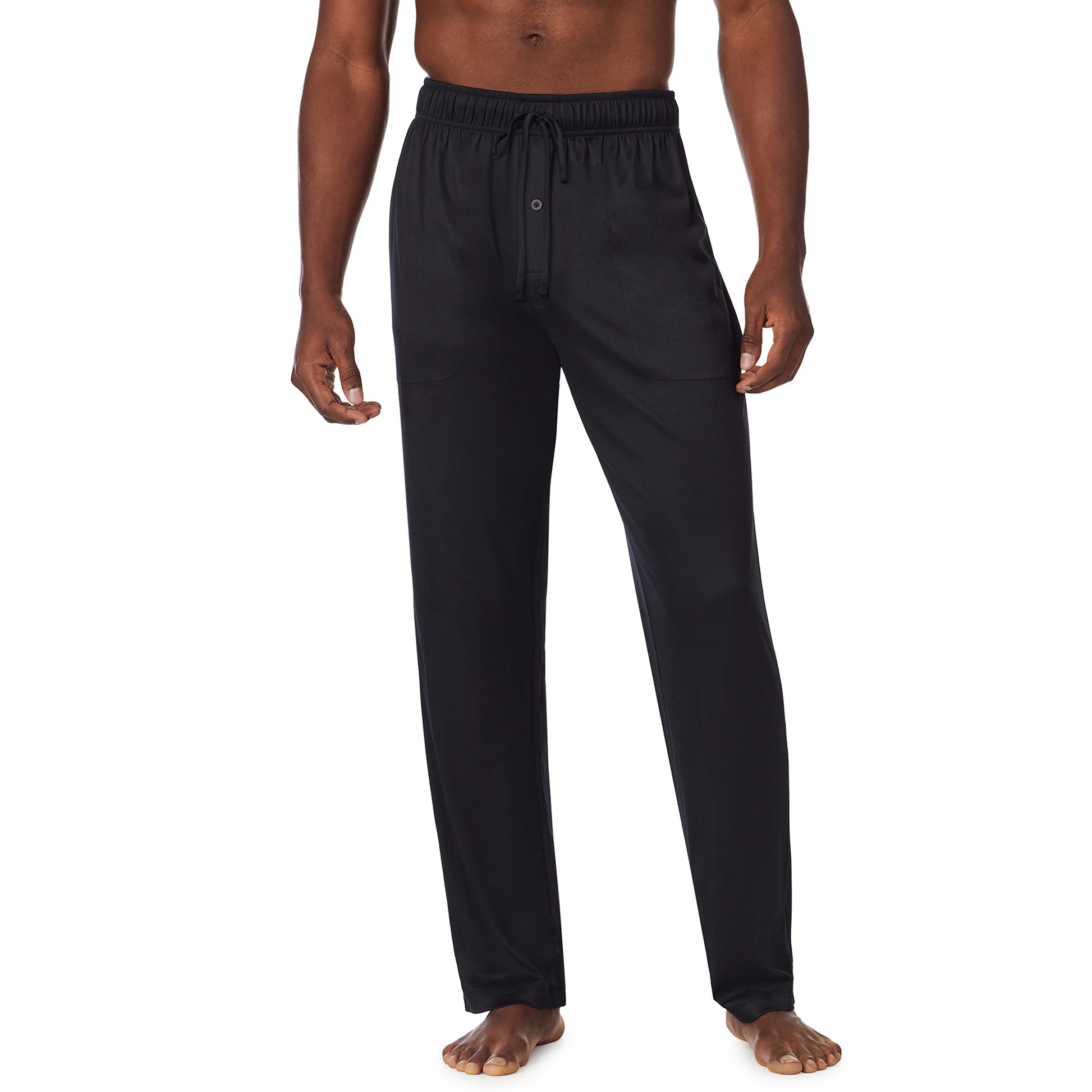 Black;Model is wearing size M. He is 6'1", Waist 31", Inseam 33"@ A lady wearingMens Far-Infrared Enhance Sleep Short Sleeve Henley Top with Black print