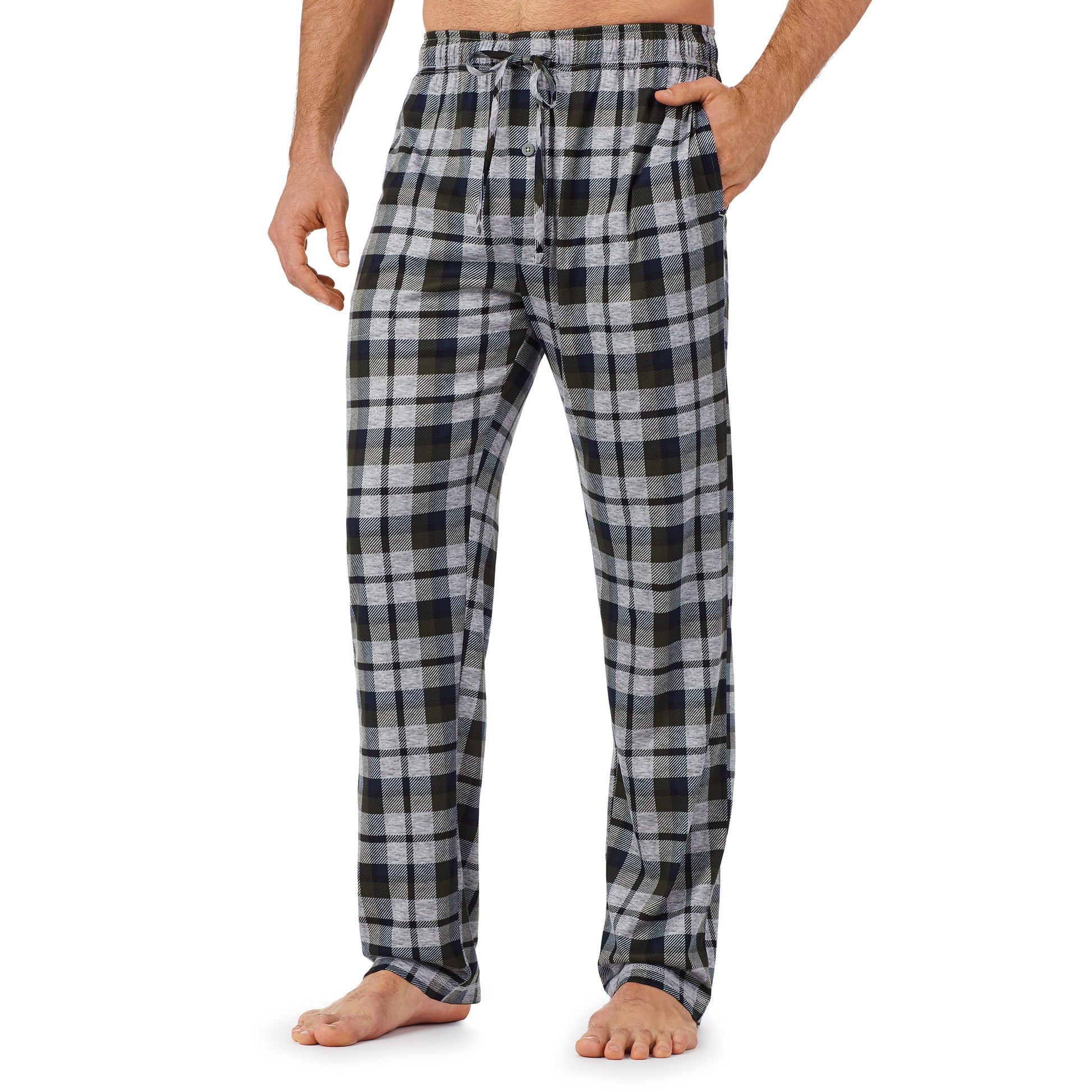 A lady wearingMens Short Sleeve Crew Neck Top and Pant Pajama Set with Black Plaid print