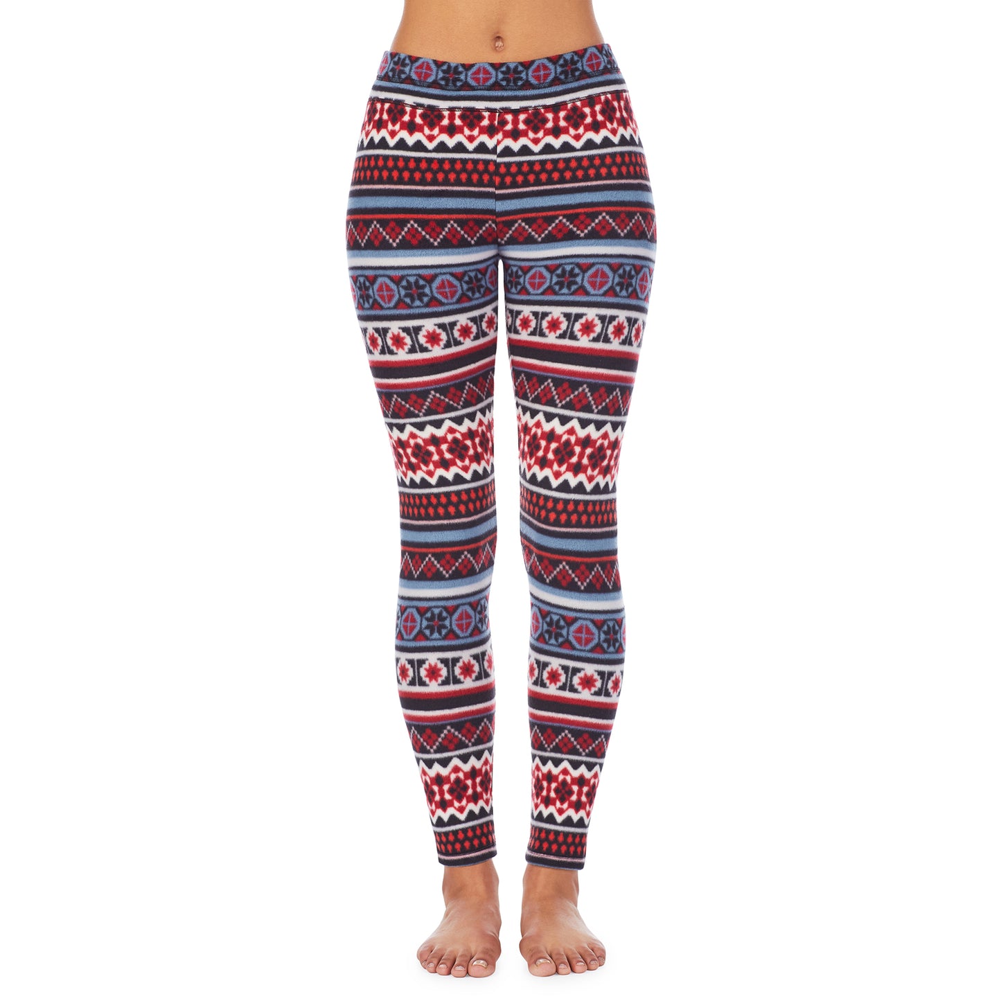 Red Blue Fairisle;Model is wearing size S. She is 5’9”, Bust 32”, Waist 25.5”, Hips 36”.@A lady wearing fleecewear with stretch legging