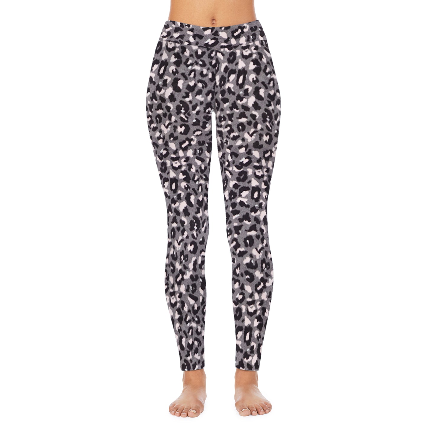Grey Leopard;Model is wearing size S. She is 5’9”, Bust 32”, Waist 25.5”, Hips 36”.@A lady wearing fleecewear with stretch legging