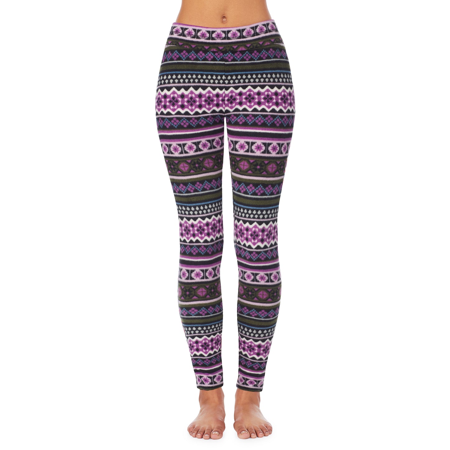 Purple Green Fairisle;Model is wearing size S. She is 5’9”, Bust 32”, Waist 25.5”, Hips 36”.@A lady wearing fleecewear with stretch legging