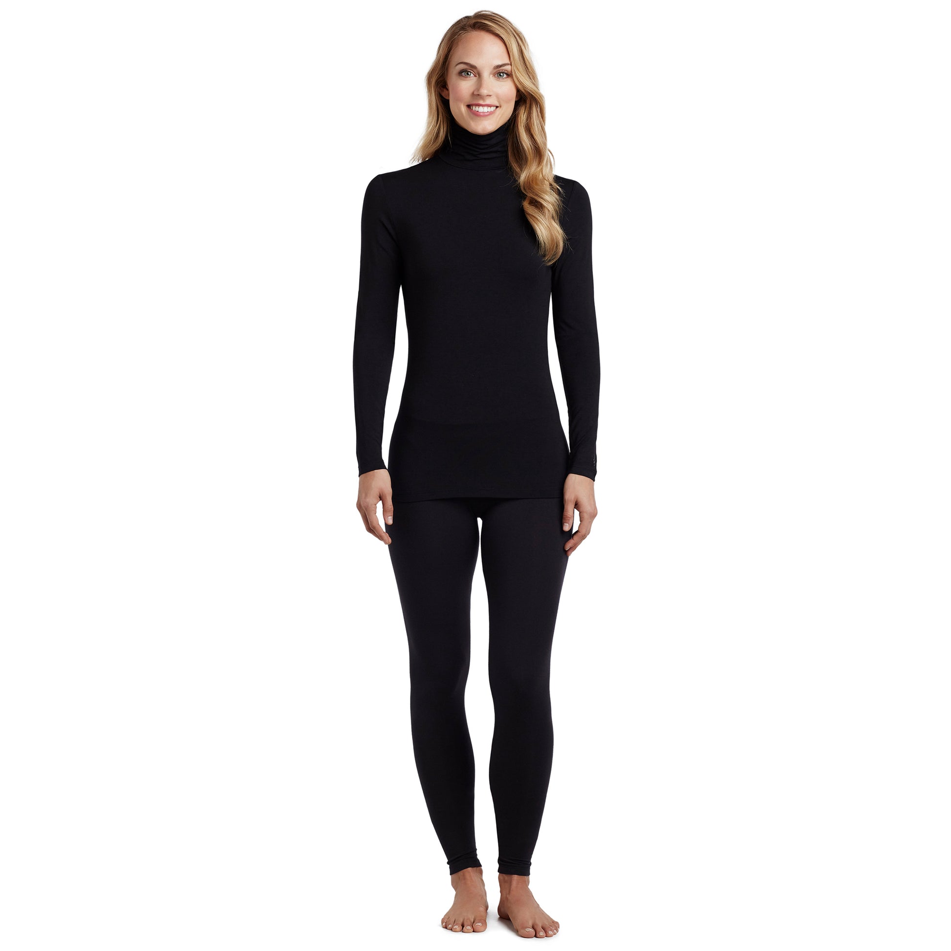 A lady wearing a black long sleeve stretch tutleneck t-shirt