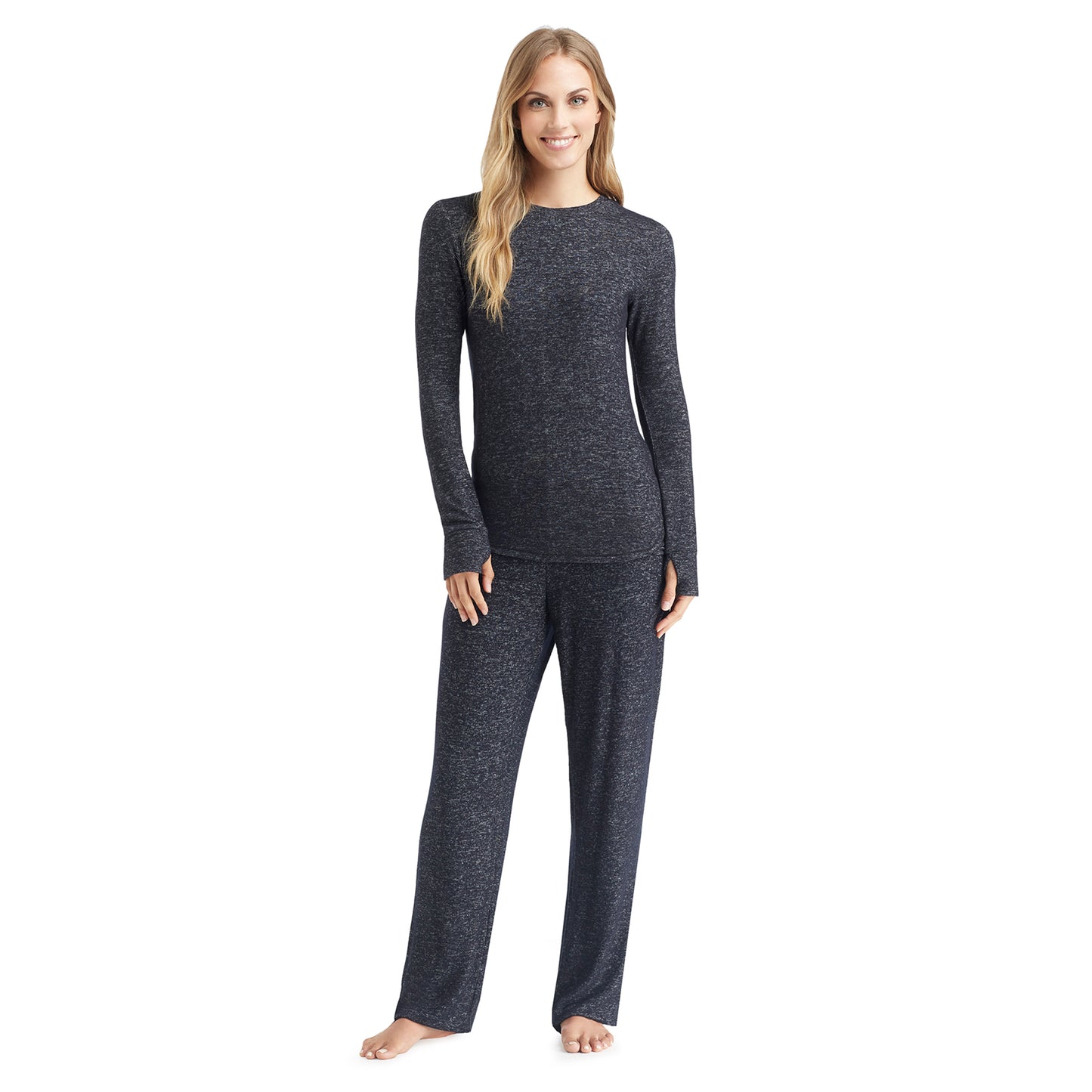 Marled Dark Charcoal; Model is wearing size S. She is 5’9”, Bust 32”, Waist 25.5”, Hips 36”. @A lady wearing a marled dark charcoal lounge pant.