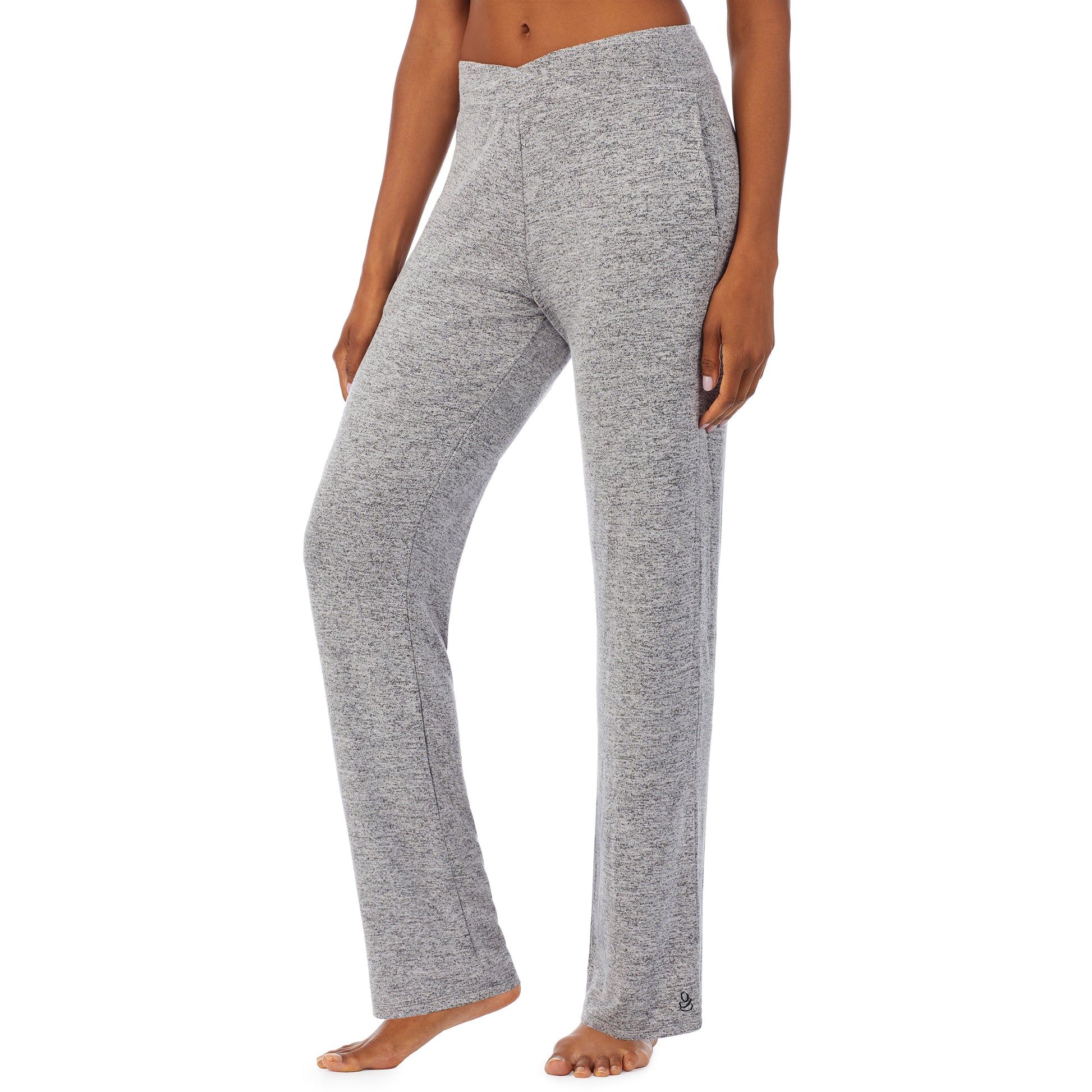 Marled Grey; Model is wearing size S. She is 5’9”, Bust 32”, Waist 25.5”, Hips 36”. @A lady wearing a marled grey lounge pant.