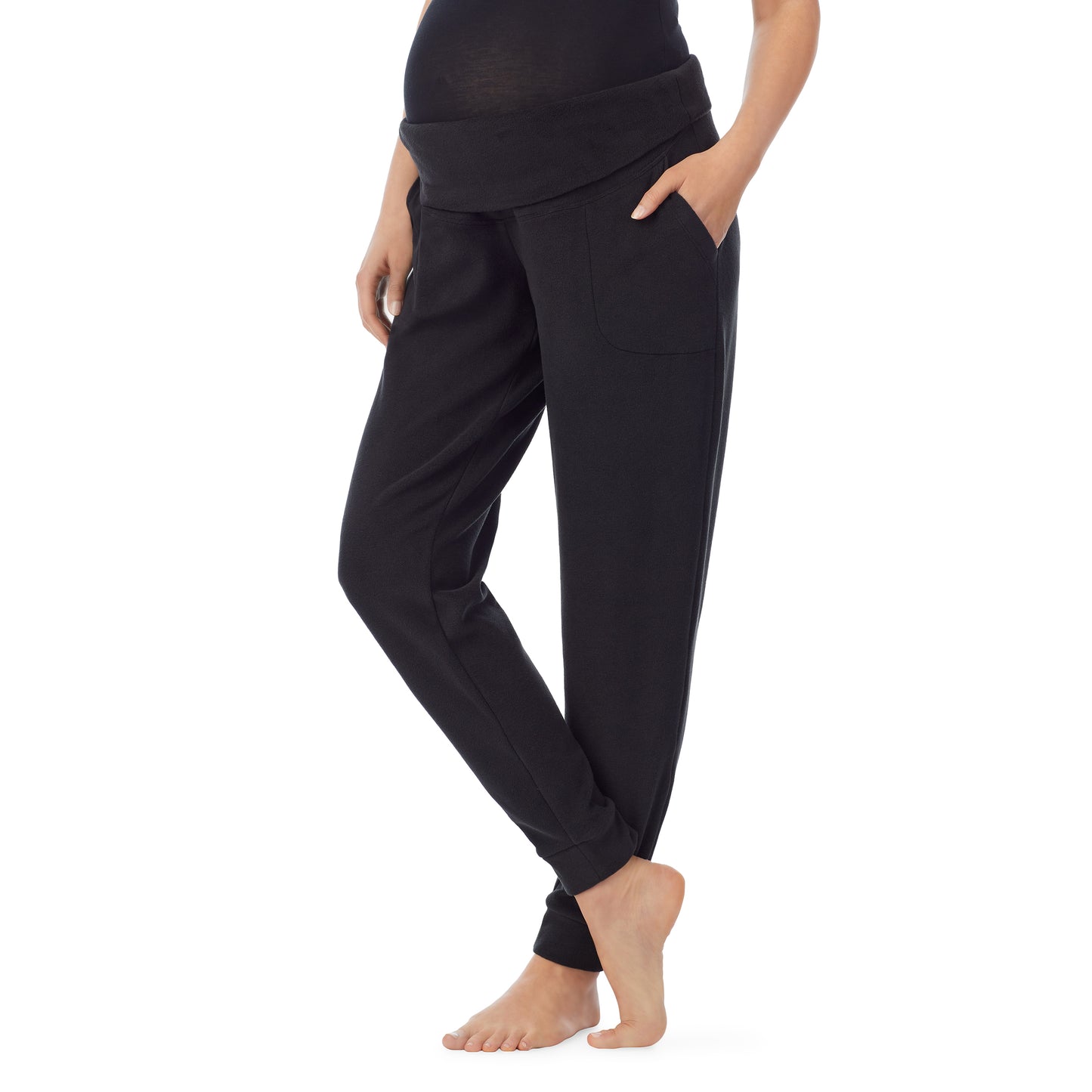 Black; Model is wearing size S. She is 5’9”, Bust 34”, Waist 24.5”, Hips 36.5”.@Lower body of a lady wearing a black maternity jogger #Model is wearing a maternity bump. 