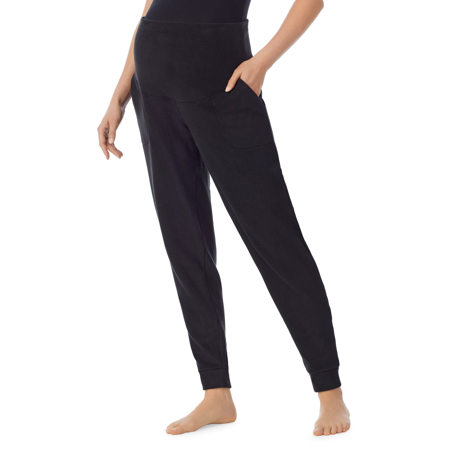 Black; Model is wearing size S. She is 5’9”, Bust 34”, Waist 24.5”, Hips 36.5”.@Lower body of a lady wearing a black maternity jogger #Model is wearing a maternity bump.