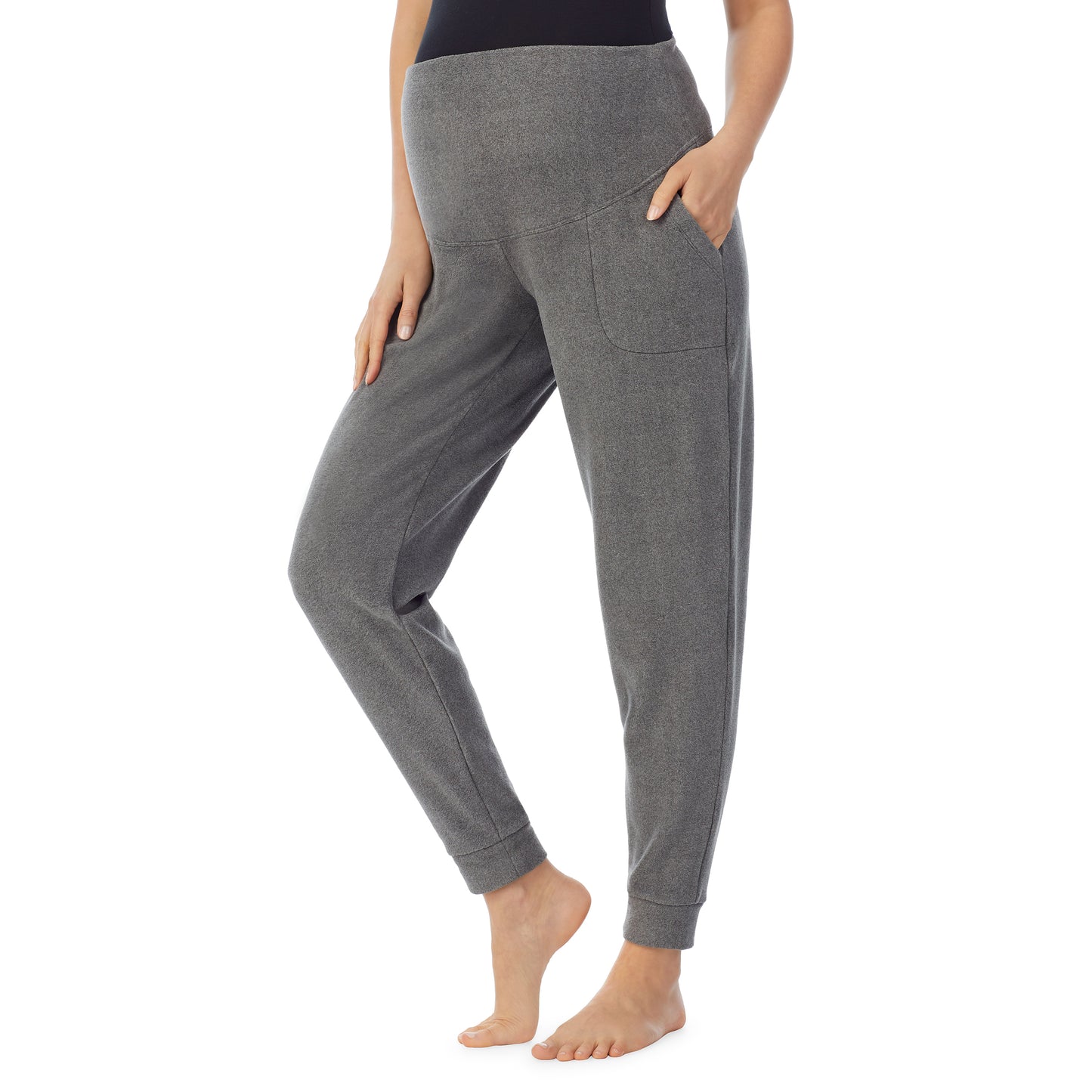 Charcoal Heather; Model is wearing size S. She is 5’9”, Bust 34”, Waist 24.5”, Hips 36.5”.@Lower body of a lady wearing a grey maternity jogger #Model is wearing a maternity bump.