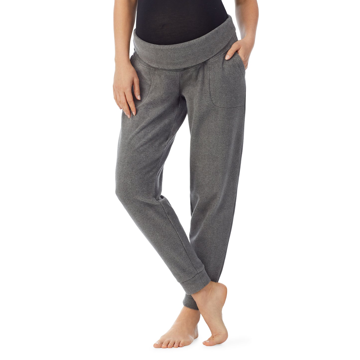 Charcoal Heather; Model is wearing size S. She is 5’9”, Bust 34”, Waist 24.5”, Hips 36.5”. @Lower body of a lady wearing a grey maternity jogger#Model is wearing a maternity bump.