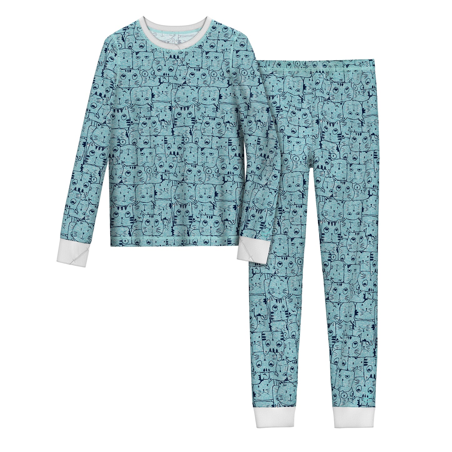 Seafoam Cat Collage;@Girls Thermal 2 pc. Long Sleeve seafoam cat collage Crew & Pant Set !60% Cotton, 40% Polyester!