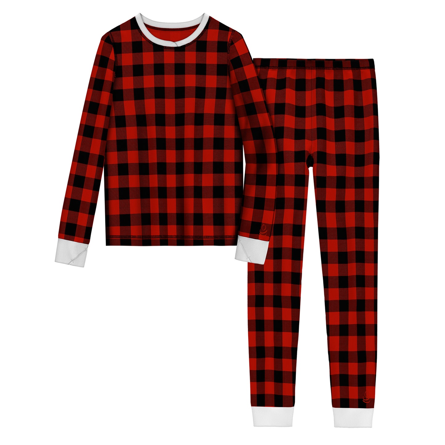 Red Buffalo Check;Girls Thermal 2 pc. Long Sleeve red buffalo check Crew & Pant Set@ A lady wearingGirls Thermal 2 pc. Long Sleeve Crew & Pant Set with Red Buffalo Check print !60% Cotton, 40% Polyester!