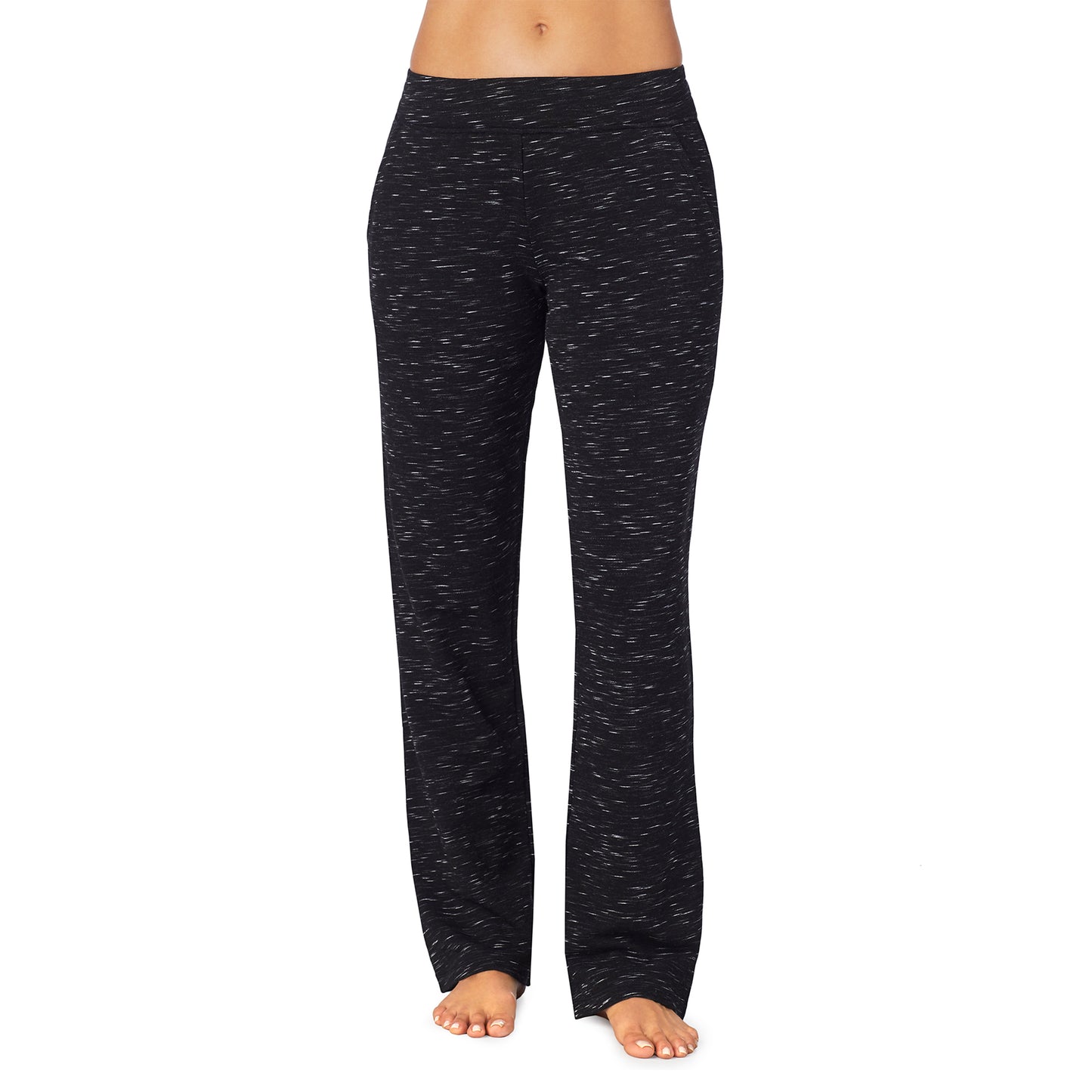 Black Neps Novelty; Model is wearing size S. She is 5’9”, Bust 32”, Waist 25.5”, Hips 36”.@Lower body of a model wearing black bootcut pant with a white texture
