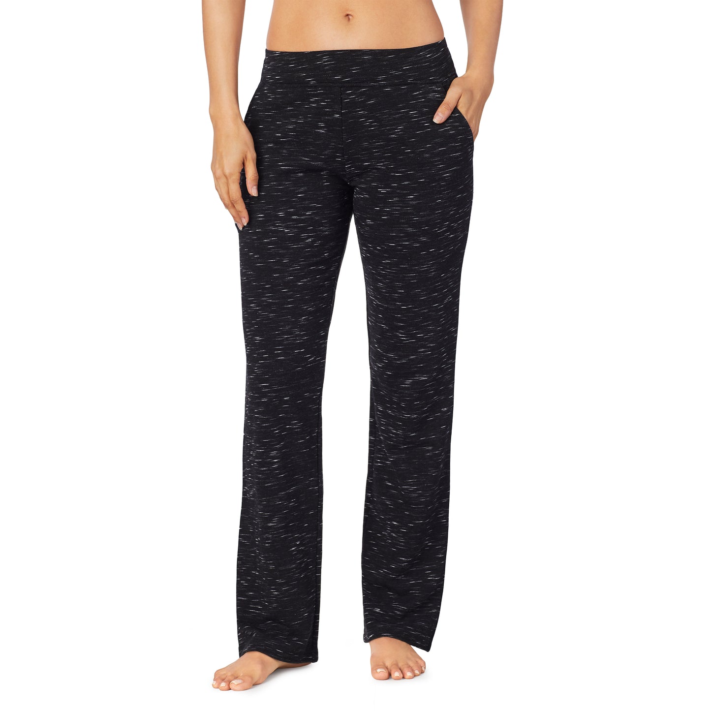 Black Neps Novelty; Model is wearing size S. She is 5’9”, Bust 32”, Waist 25.5”, Hips 36”.@Lower body of a model wearing black bootcut pant with white texture