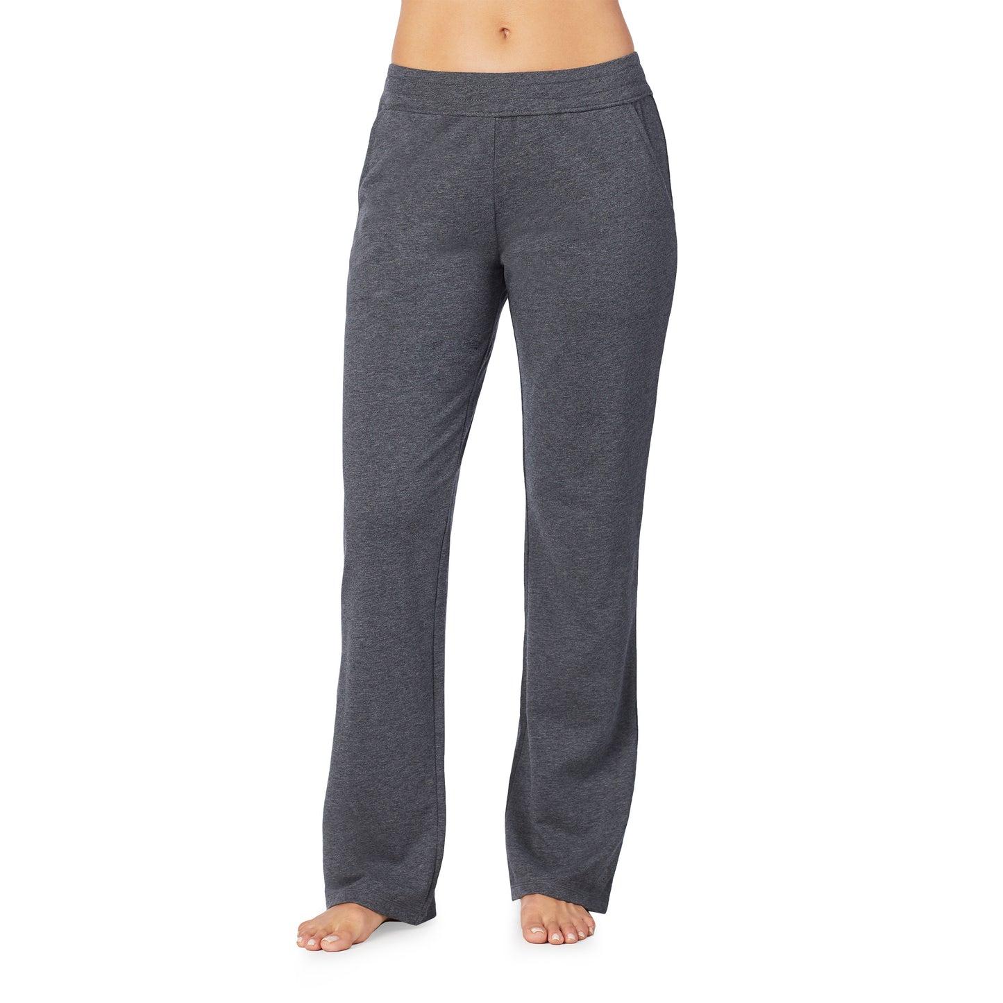 Grey Heather; Model is wearing size S. She is 5’9”, Bust 32”, Waist 25.5”, Hips 36”.@Lower body of a model wearing grey bootcut pant