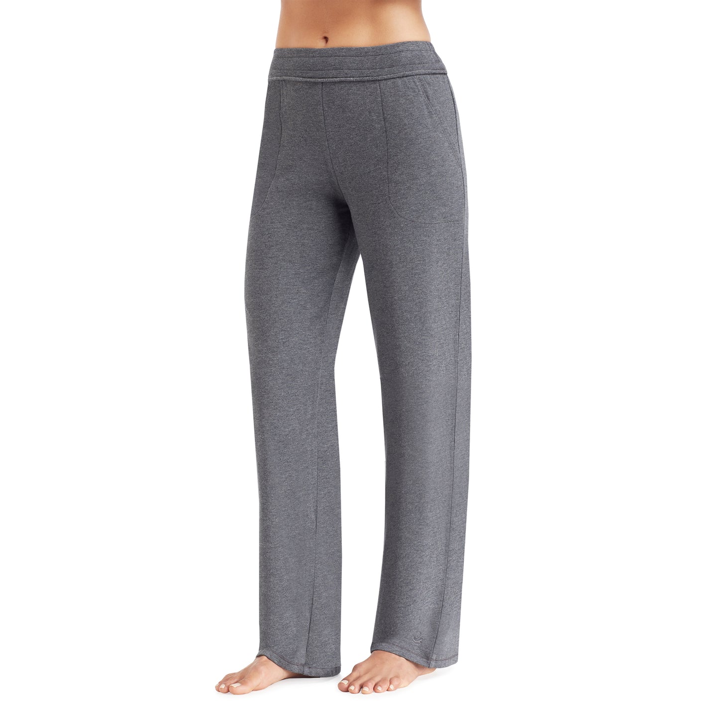 Grey Heather; Model is wearing size S. She is 5’9”, Bust 32”, Waist 25.5”, Hips 36”.@Lower body of a model wearing grey bootcut pant