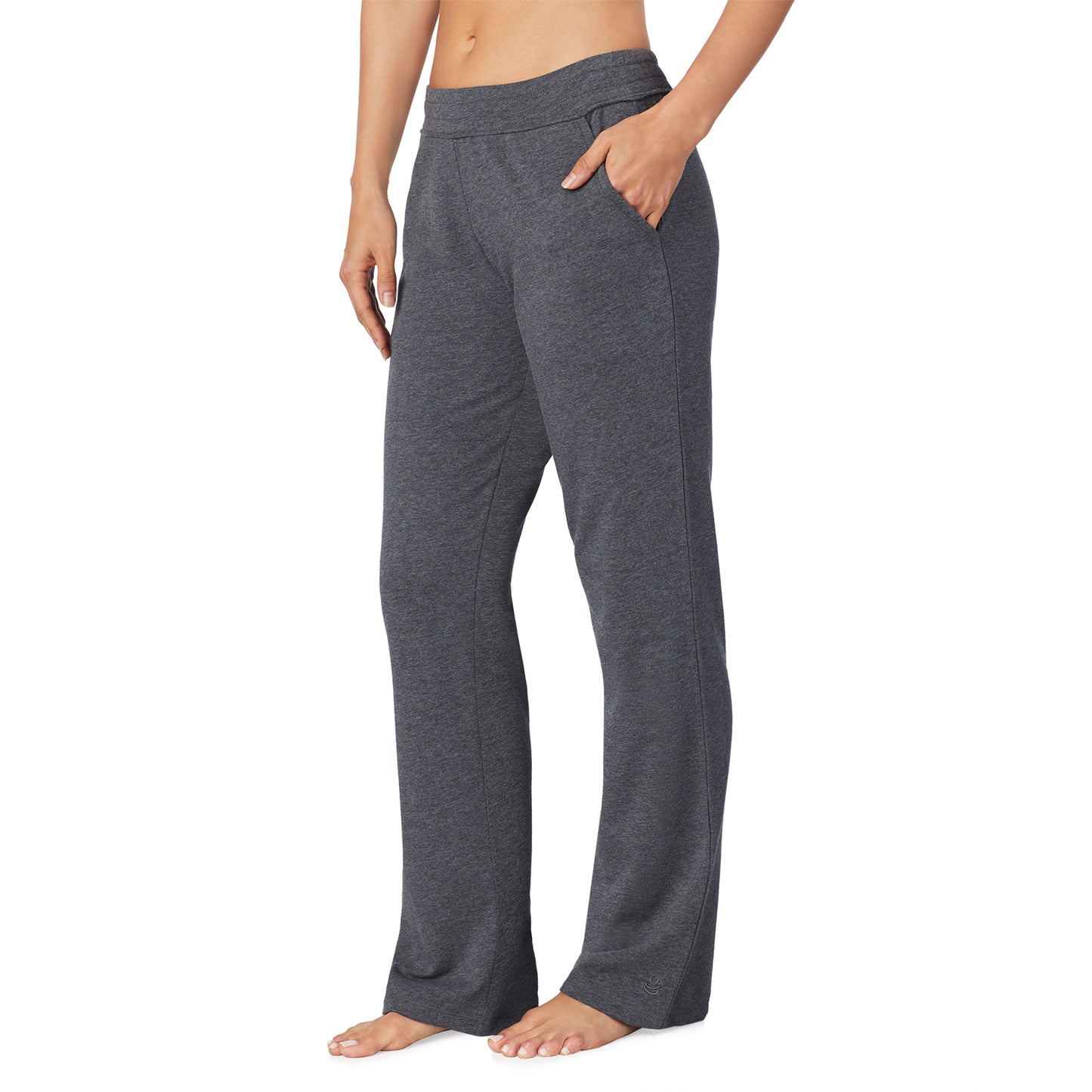 Grey Heather; Model is wearing size S. She is 5’9”, Bust 32”, Waist 25.5”, Hips 36”.@Lower body of a model wearing grey bootcut pant