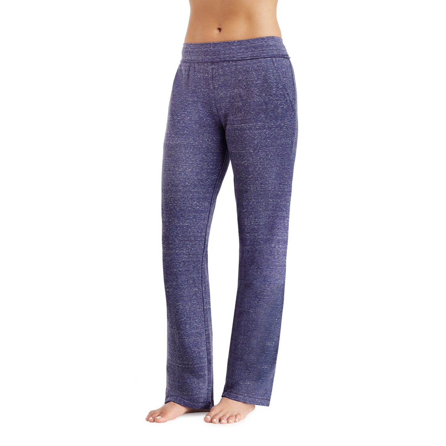 Navy Neps Novelty; Model is wearing size S. She is 5’9”, Bust 32”, Waist 25.5”, Hips 36”.@Lower body of a model wearing navy bootcut pant with white texture