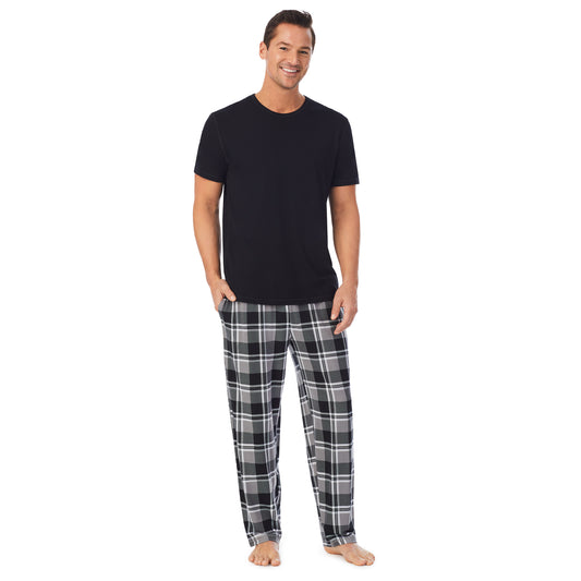  A lady wearingMens Short Sleeve Crew Neck Top and Pant Pajama Set with Red Plaid print