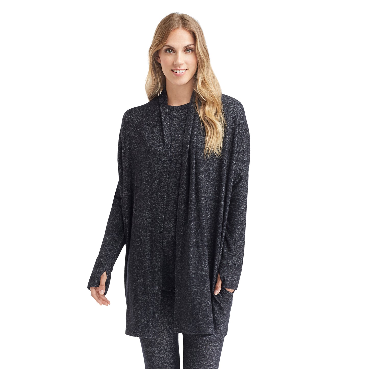 Marled Dark Charcoal; Model is wearing size S. She is 5’9”, Bust 32”, Waist 25.5”, Hips 36”. @A lady wearing a marled dark charcoal long sleeve wrap.