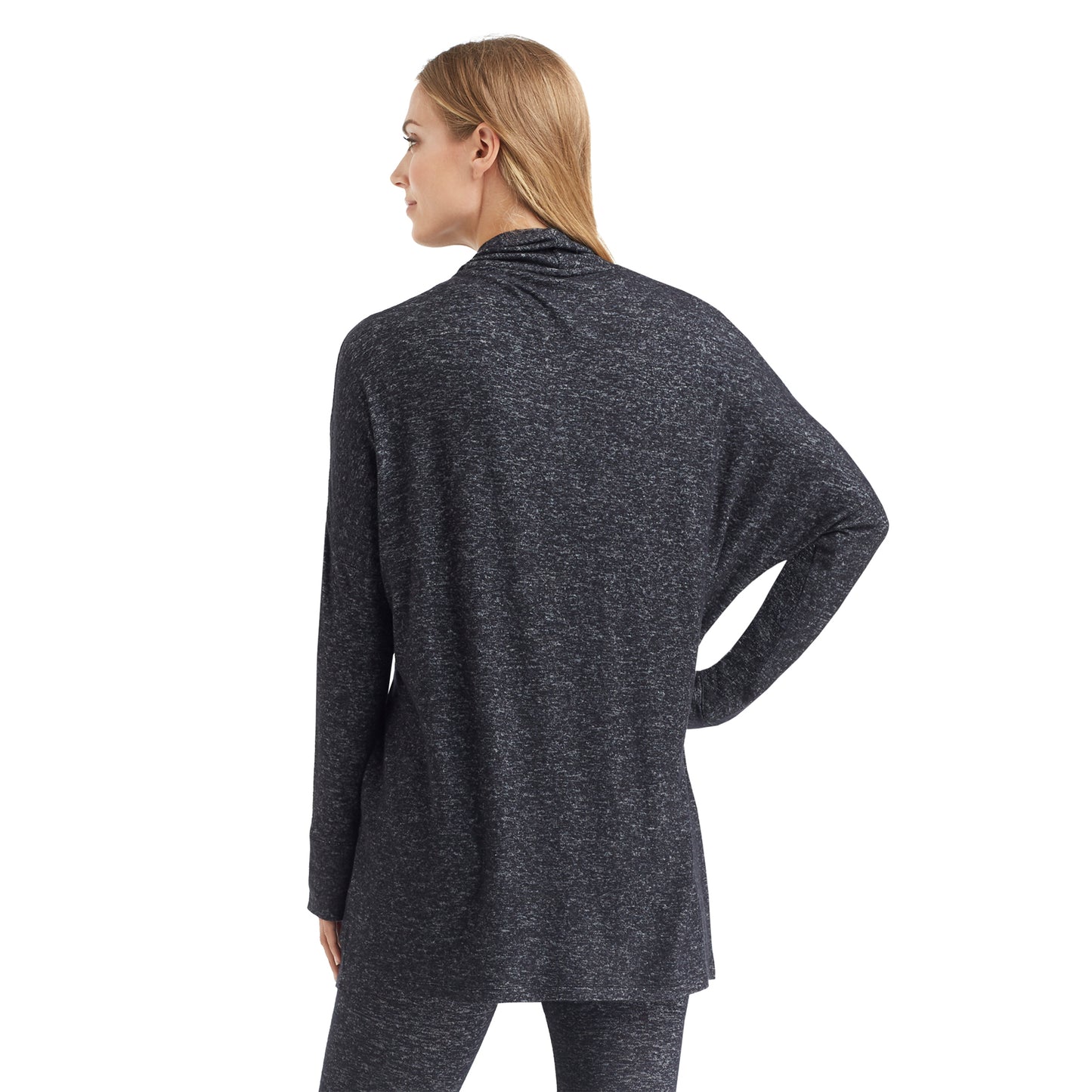 Marled Dark Charcoal; Model is wearing size S. She is 5’9”, Bust 32”, Waist 25.5”, Hips 36”. @A lady wearing a marled dark charcoal long sleeve wrap.