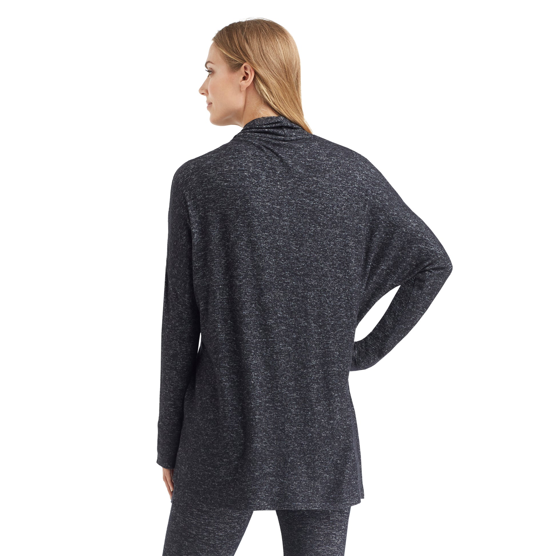 A lady wearing a marled dark charcoal long sleeve wrap.